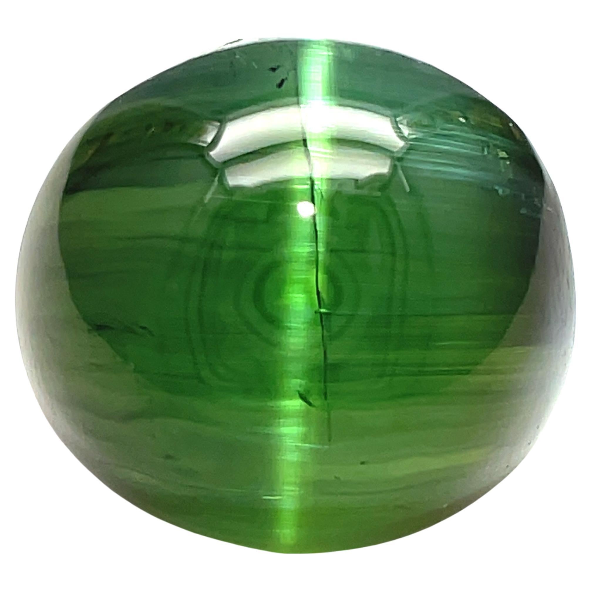3.87 Carat Unset Loose Unmounted Oval Cat's Eye Green Tourmaline Gemstone For Sale