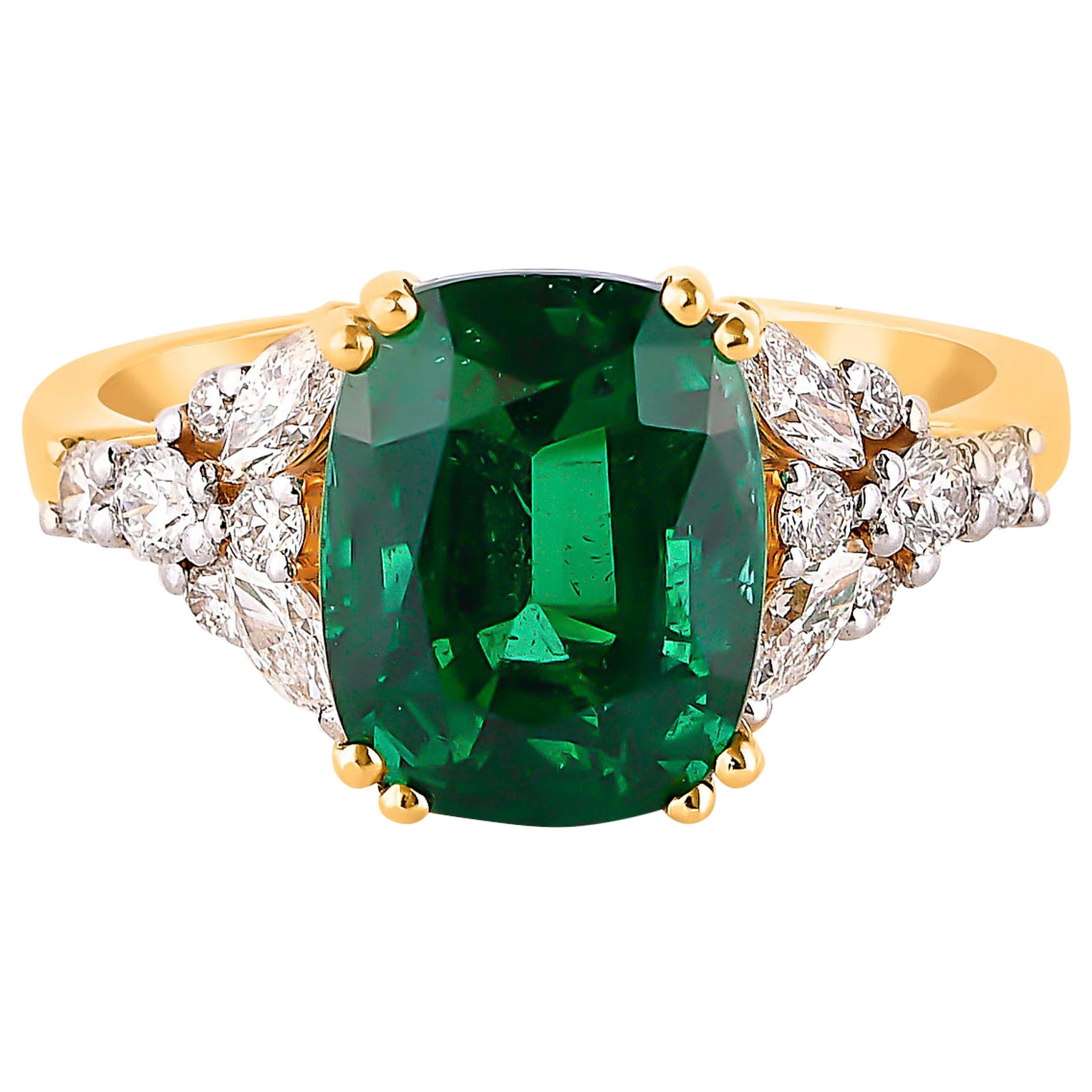 GRS Certified 3.8 Carat Zambian Emerald & Diamond Ring in 18 Karat Yellow Gold