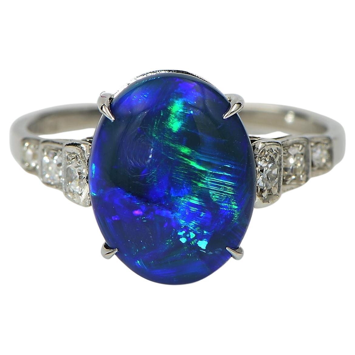 Vintage 3.87 Ct Australian Black  Blue Green Opal Diamond Platinum ring