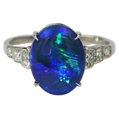 Vintage 3.87 Ct Australian Black  Blue Green Opal Diamond Platinum ring