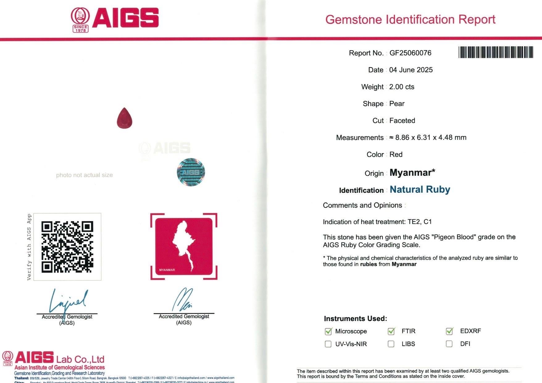 RHC2~
3.87 Ct Pair AIGS Certified Natural Burma Ruby Pigeon Blood Color Gemstone

GEM DESCRIPTION
Species:   Natural Corumdum
Variety:  Natural Ruby 
Weight: 1.87ct,2.00ct 
Color:  Pigeon Blood 
Cut:  Excellent 
Clarity:  eye clean
Origin:
