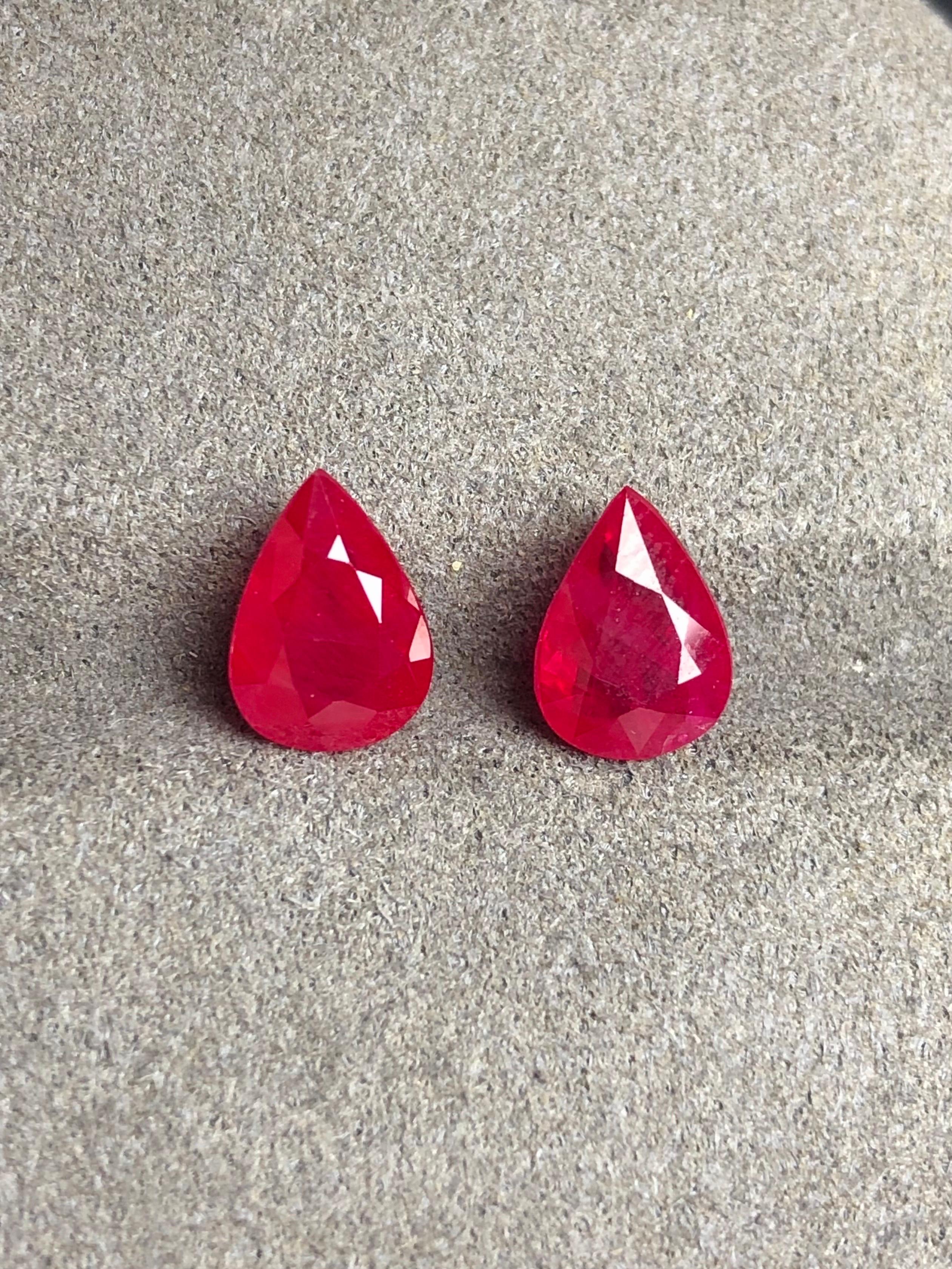 Pear Cut 3.87 Ct Pair AIGS Certified Natural Burma Ruby Pigeon Blood Color Gemstone For Sale