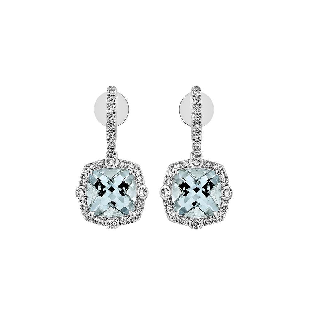 Contemporary 3.874 Carat Aquamarine Drop Earring in 18Karat White Gold with White Diamond. For Sale