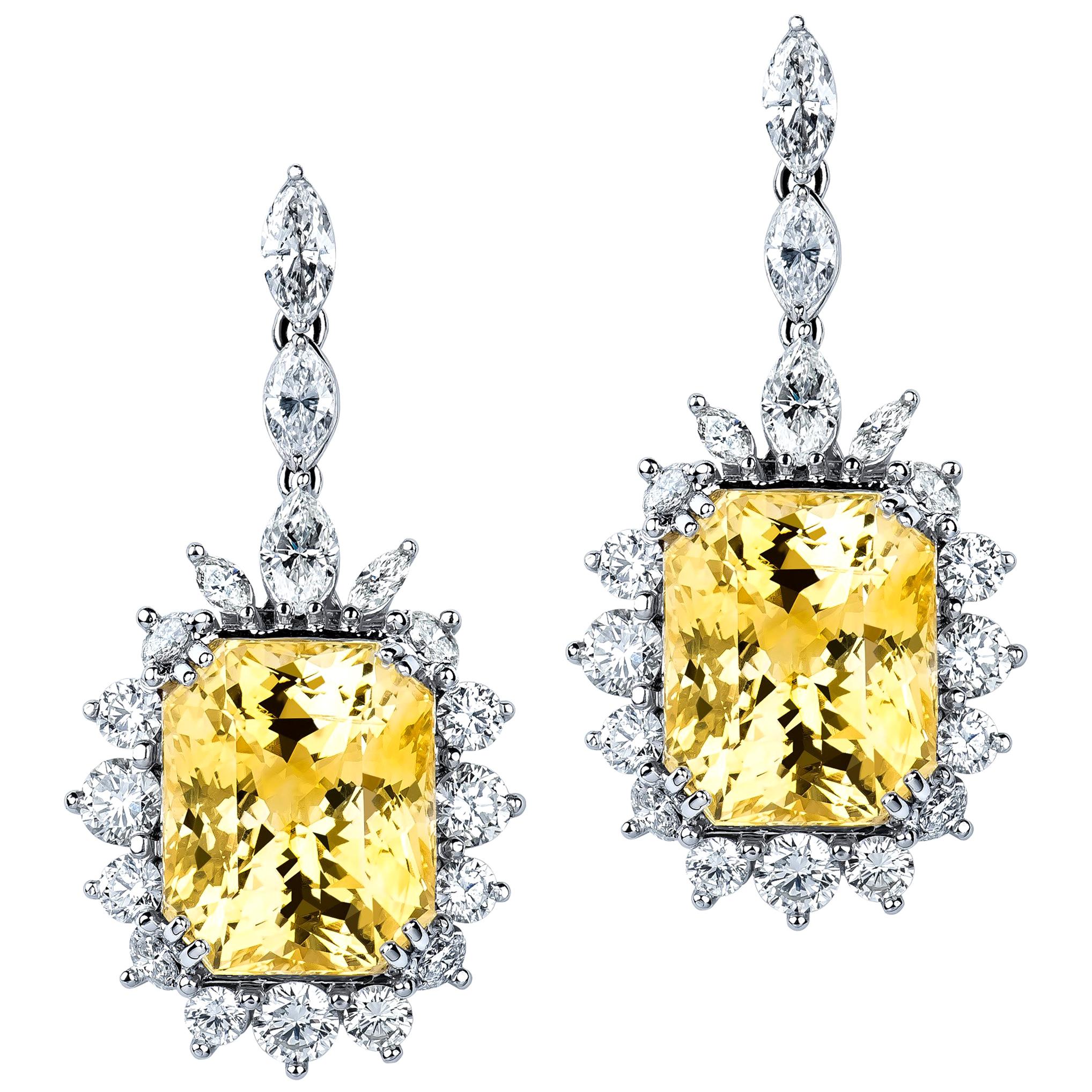 38.77ctw Yellow Sapphire & 6ctw Round Brilliant Marquise Diamond Drop Earrings For Sale