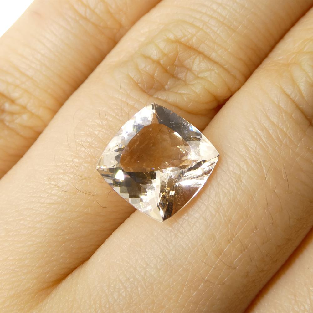 Description:

Gem Type: Morganite 
Number of Stones: 1
Weight: 3.87 Cts
Measurements: 10.19 x 10.17 x 5.90 mm
Shape: Square Cushion
Cutting Style Crown: Brilliant Cut
Cutting Style Pavilion: Modified Brilliant Cut 
Transparency: Transparent
Clarity: