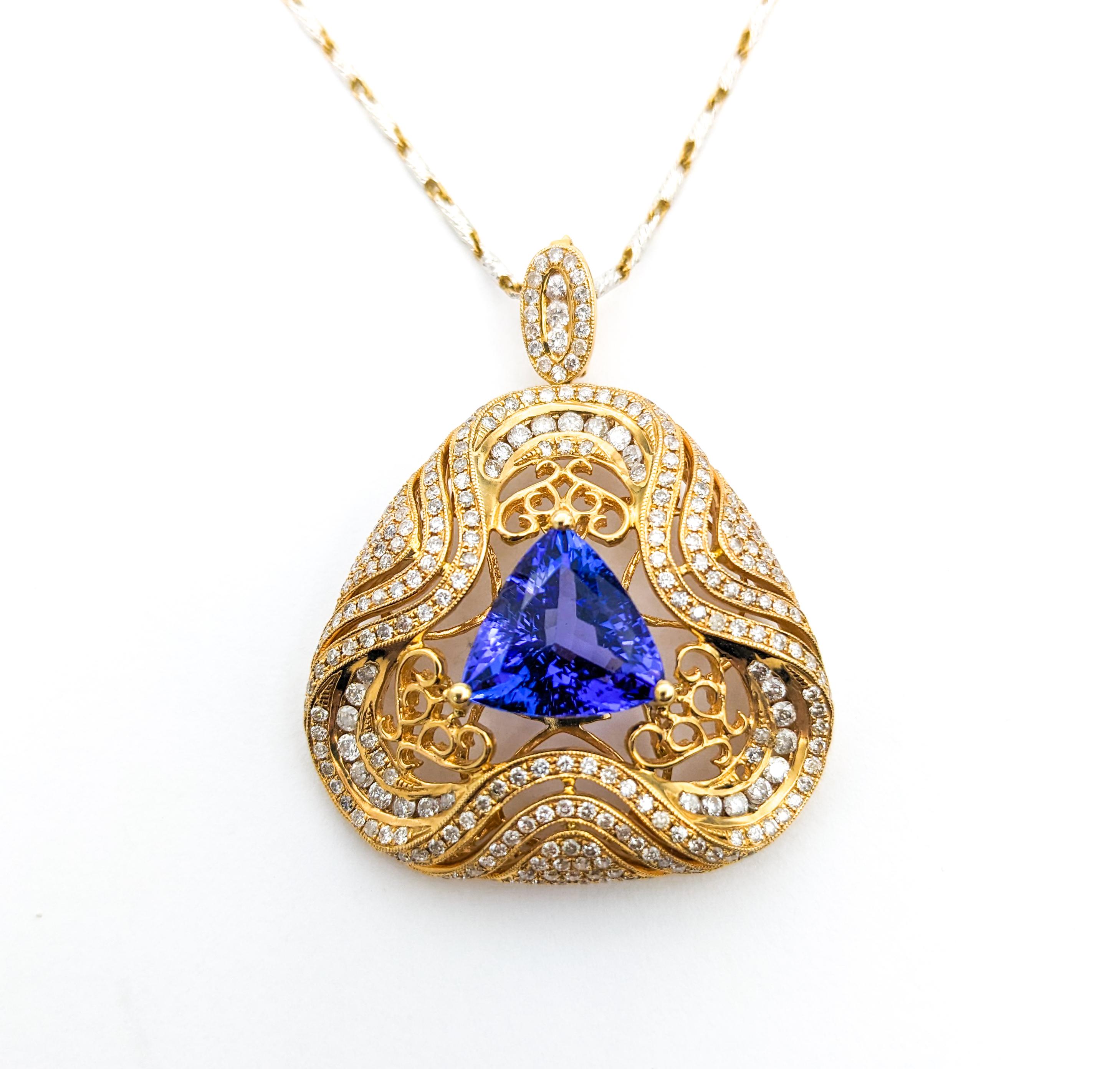 3.87ct Trillion Tanzanite & 2.24ctw Diamond Pendant Necklace In Two-Tone Gold For Sale 5
