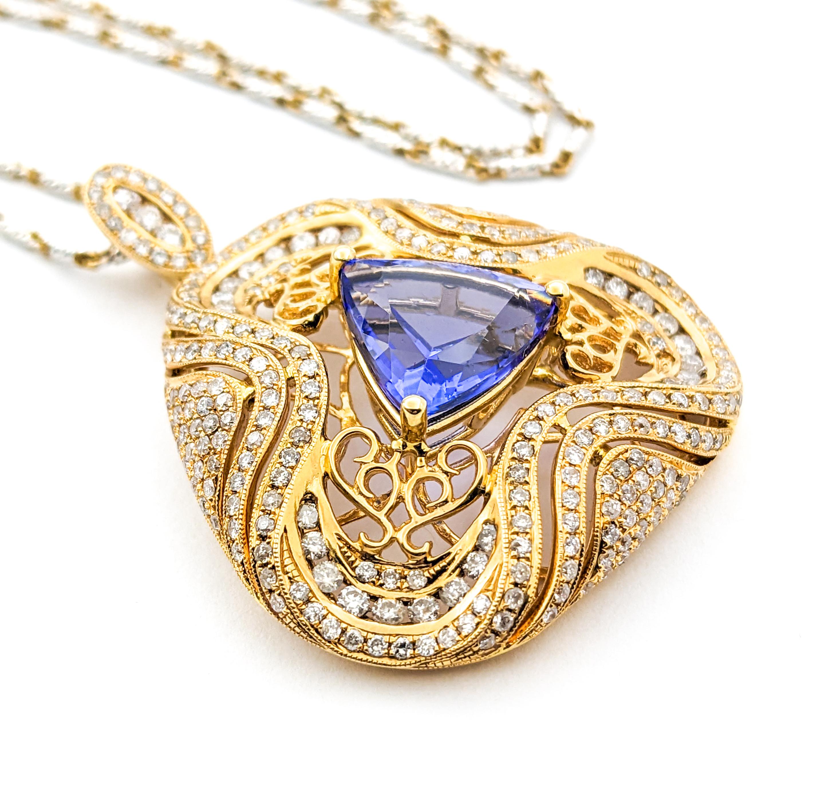 Round Cut 3.87ct Trillion Tanzanite & 2.24ctw Diamond Pendant Necklace In Two-Tone Gold For Sale