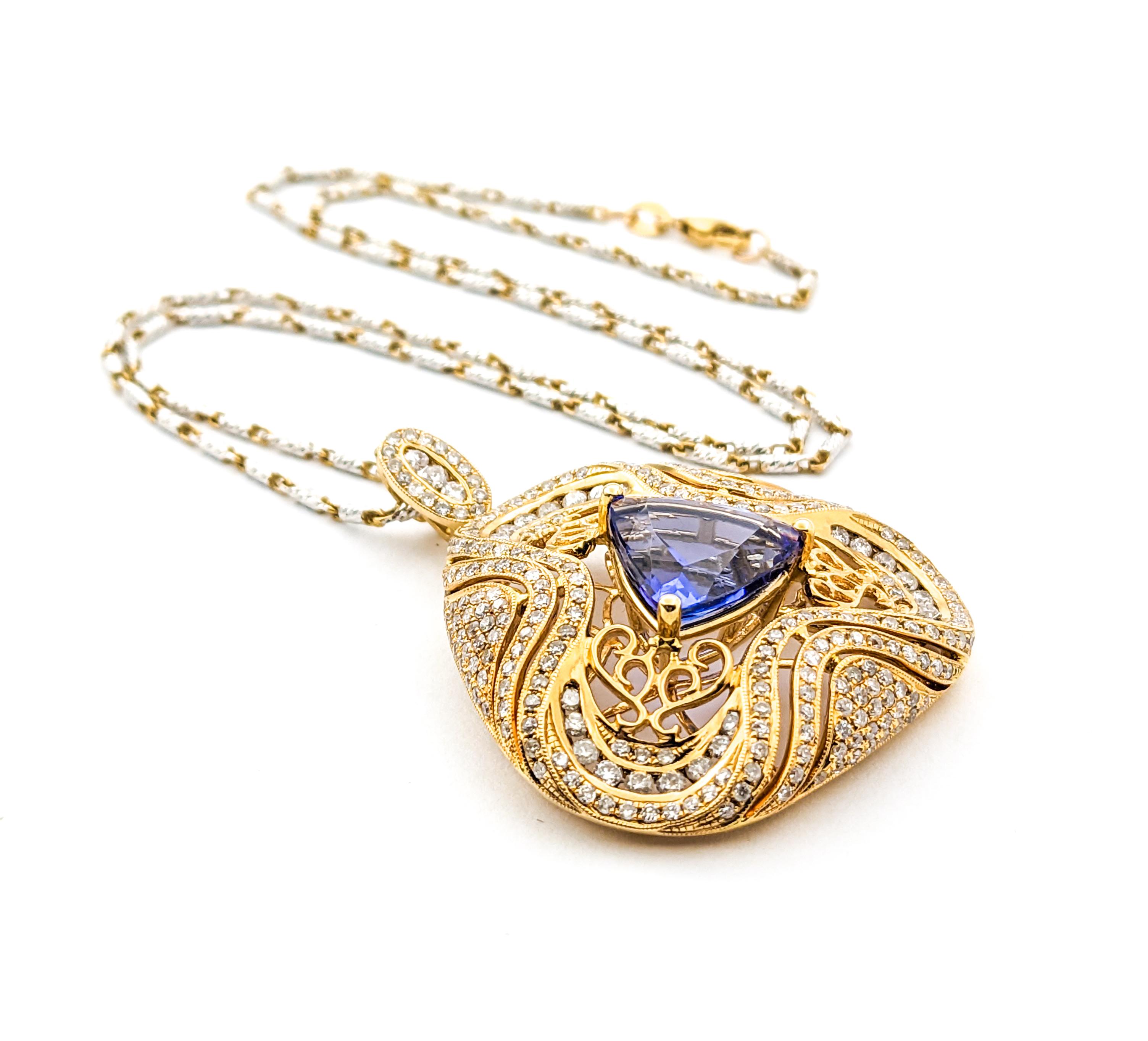 3.87ct Trillion Tanzanite & 2.24ctw Diamond Pendant Necklace In Two-Tone Gold For Sale 1
