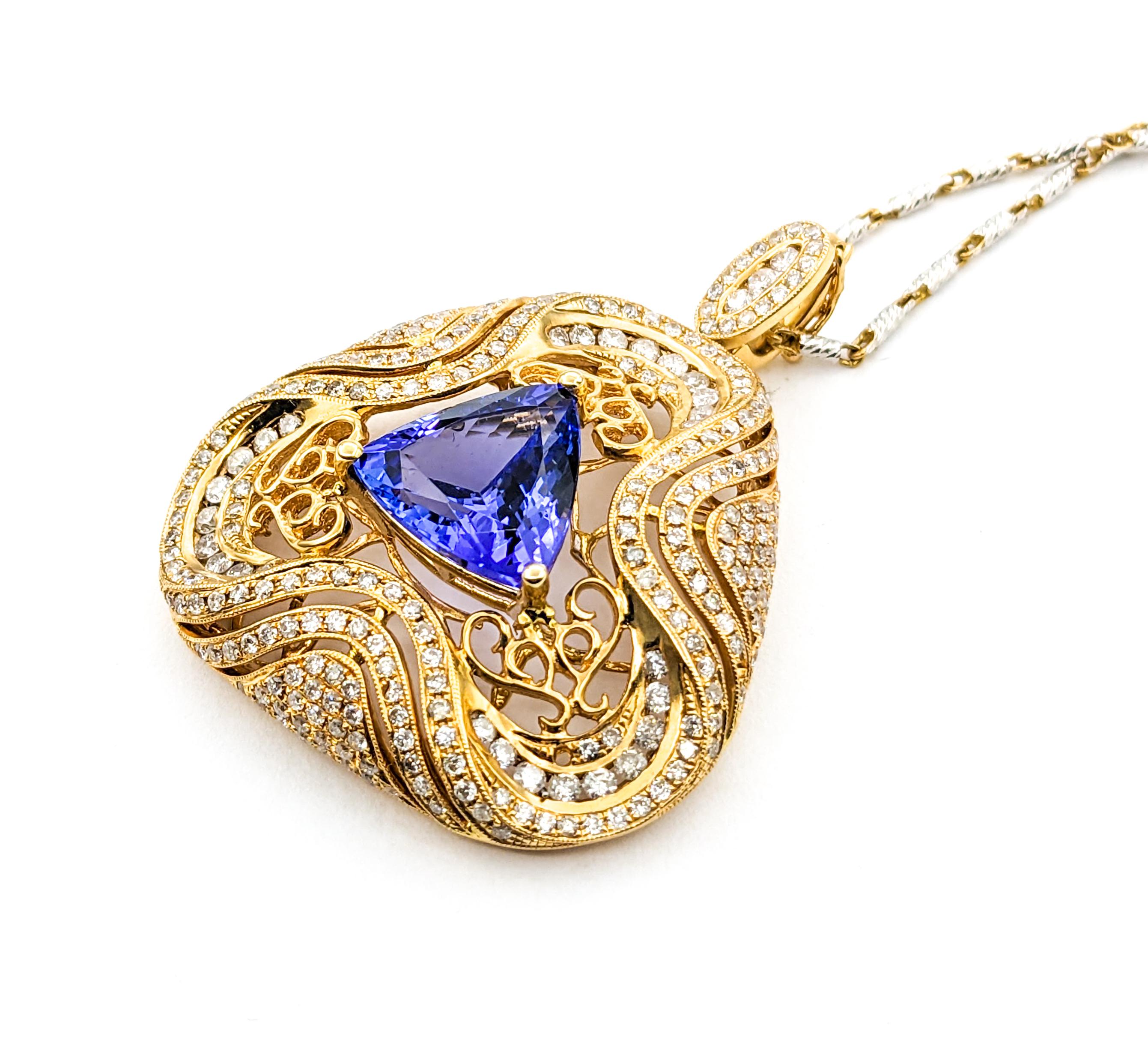 Modern 3.87ct Trillion Tanzanite & 2.24ctw Diamond Pendant Necklace In Two-Tone Gold For Sale