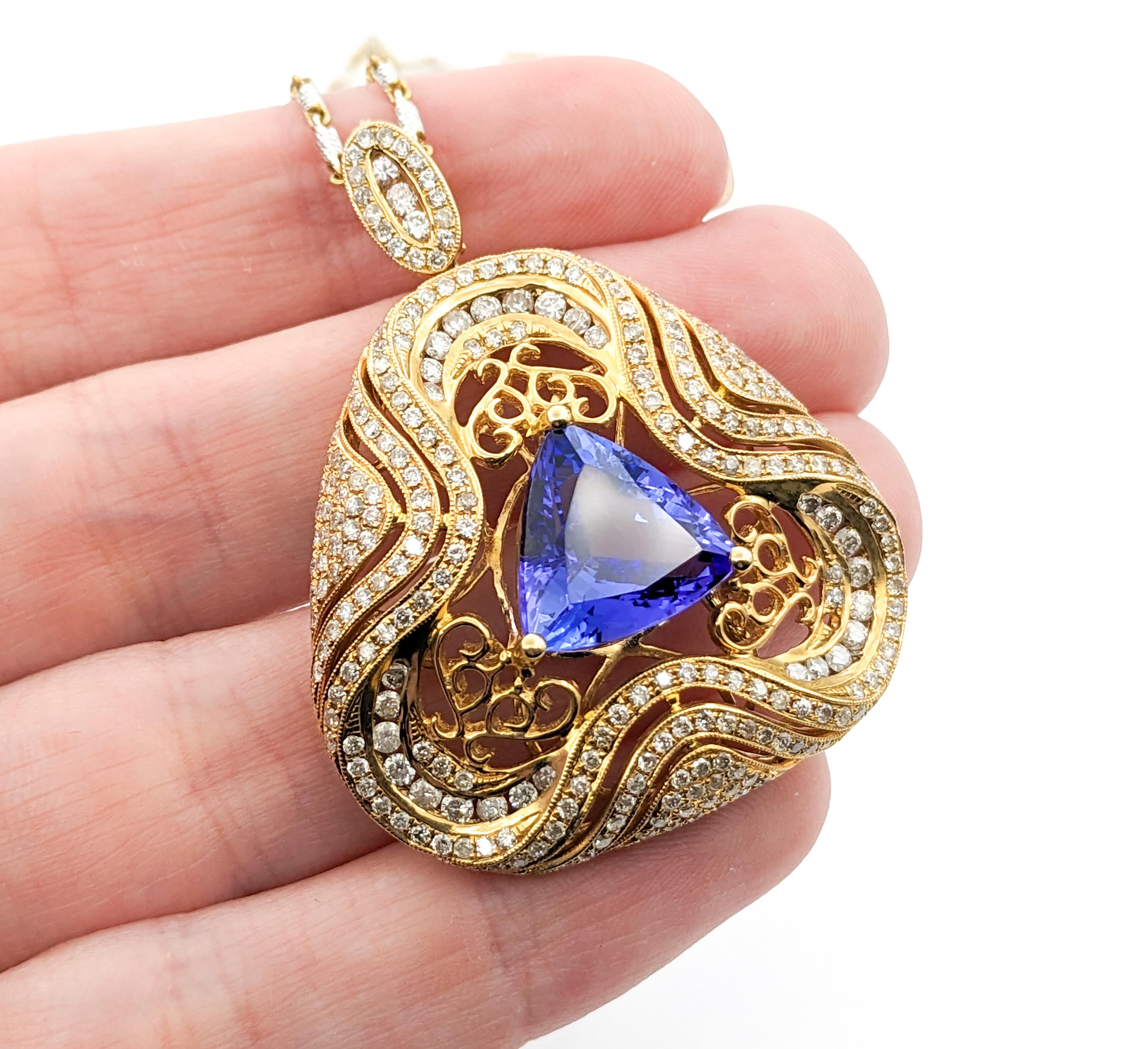 3.87ct Trillion Tanzanite & 2.24ctw Diamond Pendant Necklace In Two-Tone Gold In Excellent Condition For Sale In Bloomington, MN