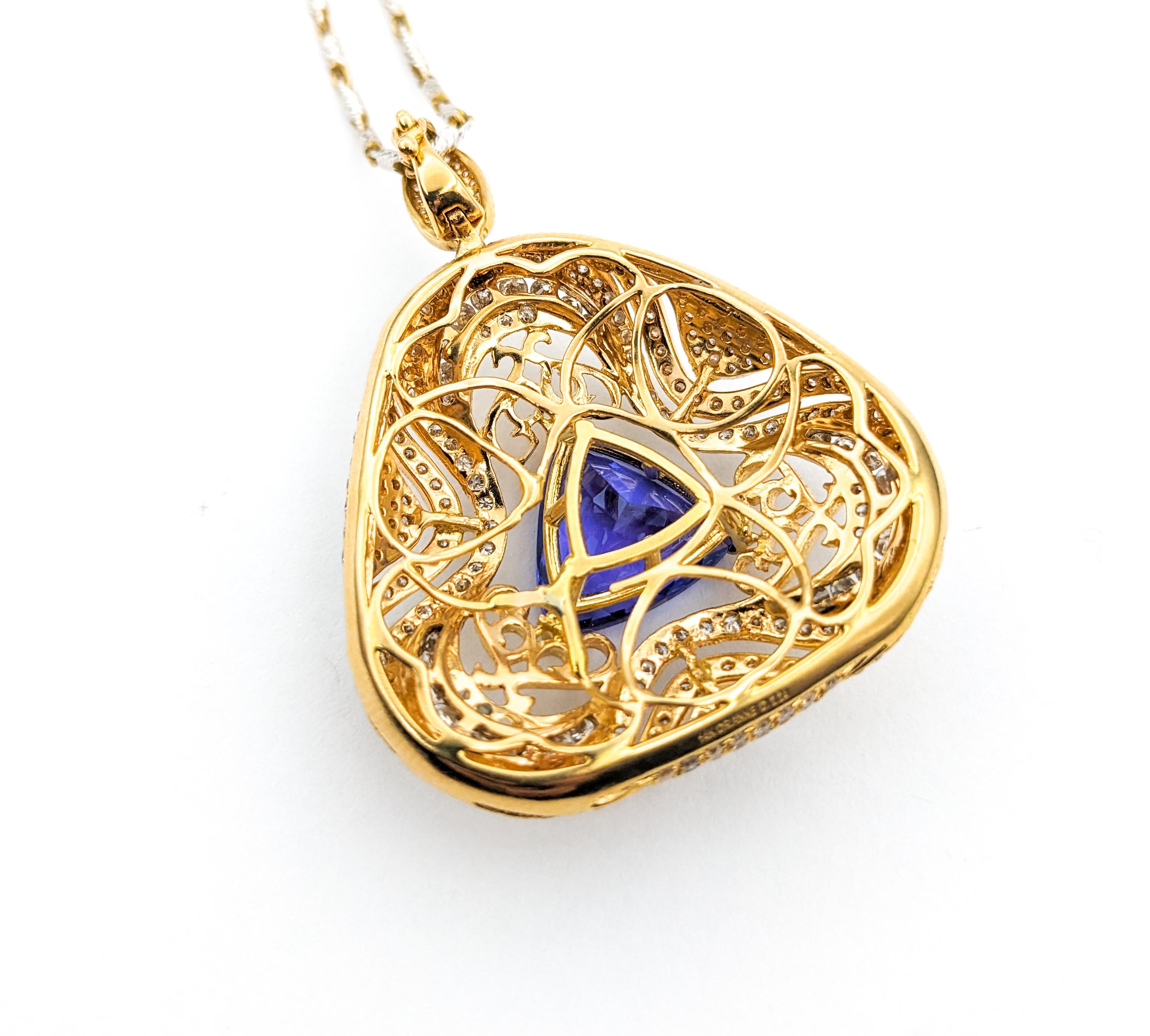 3.87ct Trillion Tanzanite & 2.24ctw Diamond Pendant Necklace In Two-Tone Gold For Sale 7