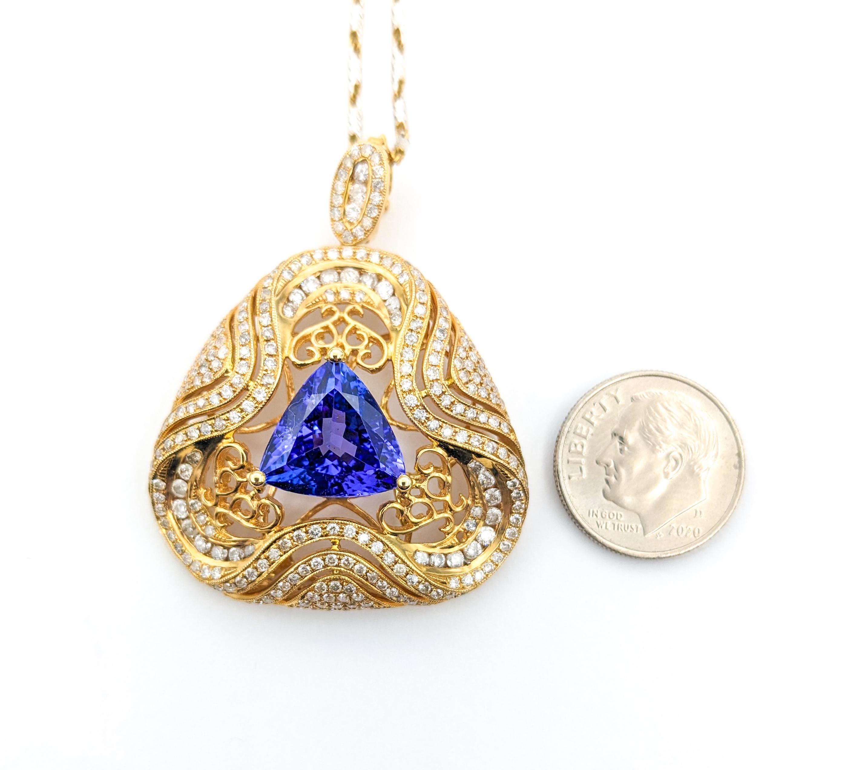 3.87ct Trillion Tanzanite & 2.24ctw Diamond Pendant Necklace In Two-Tone Gold For Sale 2