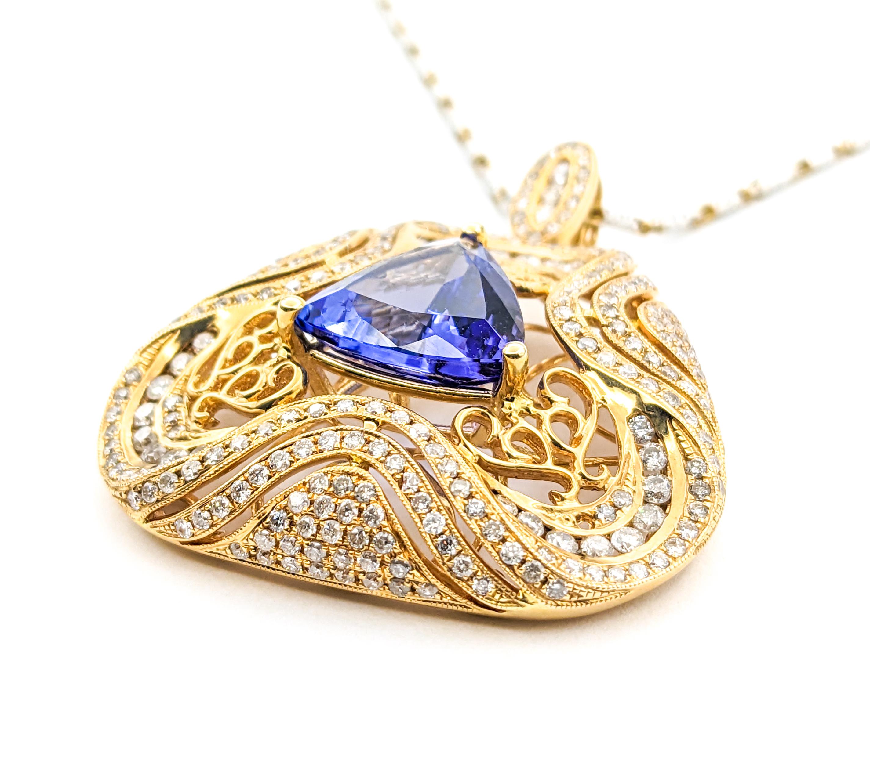 3.87ct Trillion Tanzanite & 2.24ctw Diamond Pendant Necklace In Two-Tone Gold For Sale 3