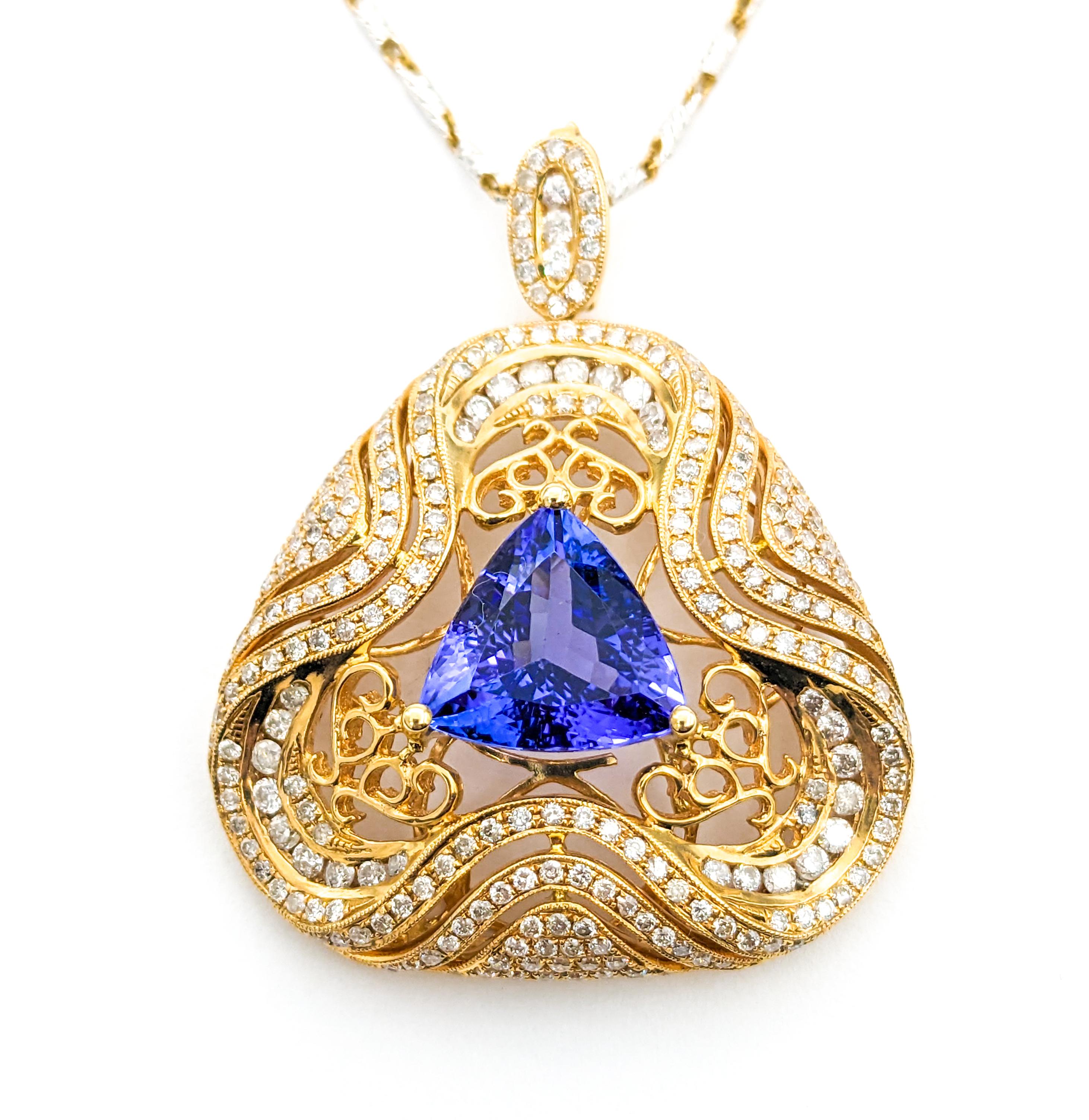 3.87ct Trillion Tanzanite & 2.24ctw Diamond Pendant Necklace In Two-Tone Gold For Sale 4