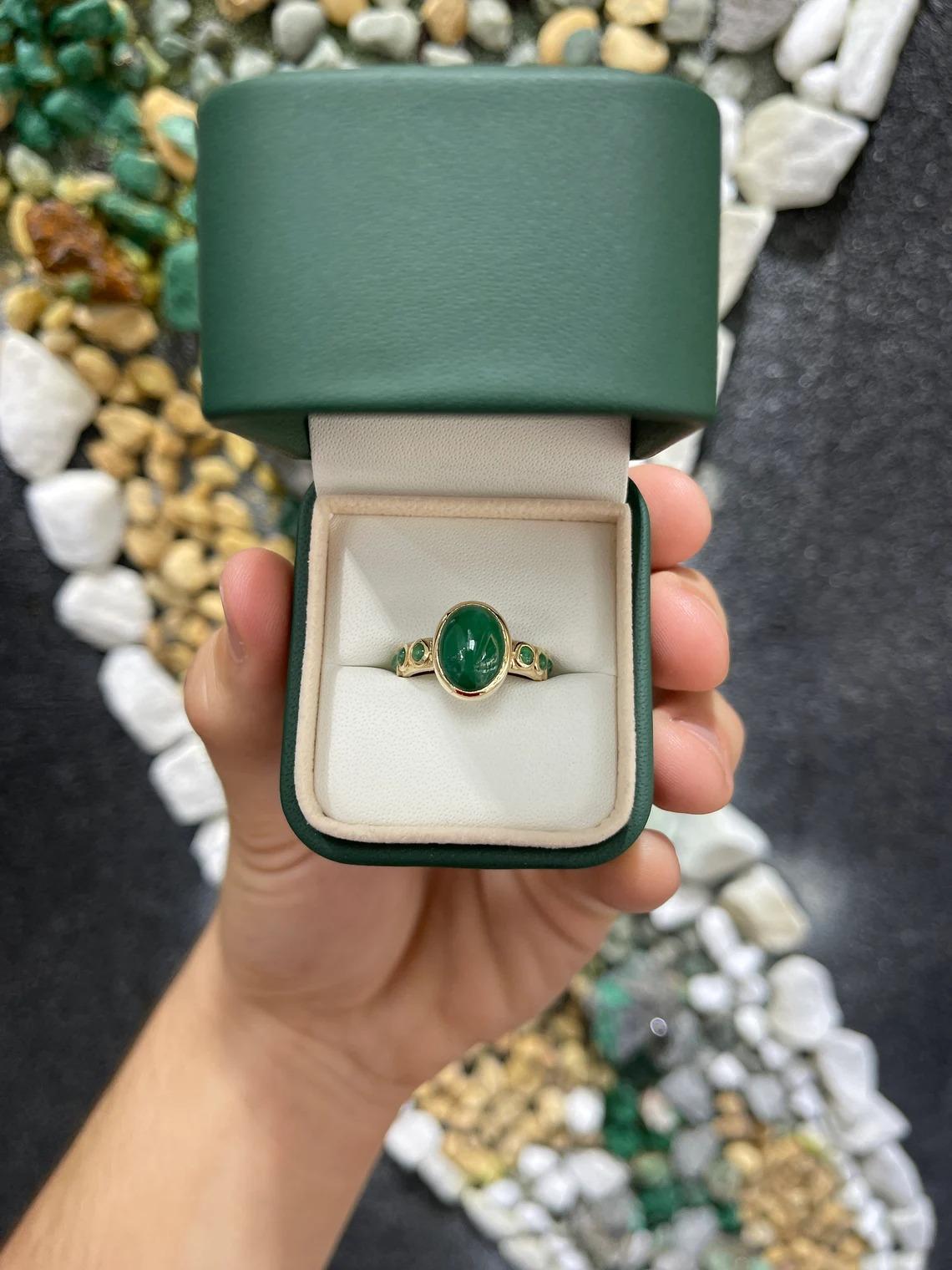 Modern 3.87tcw 14K Dark Green Natural Emerald Cabochon Multi-Gemstone Pinky Gold Ring For Sale