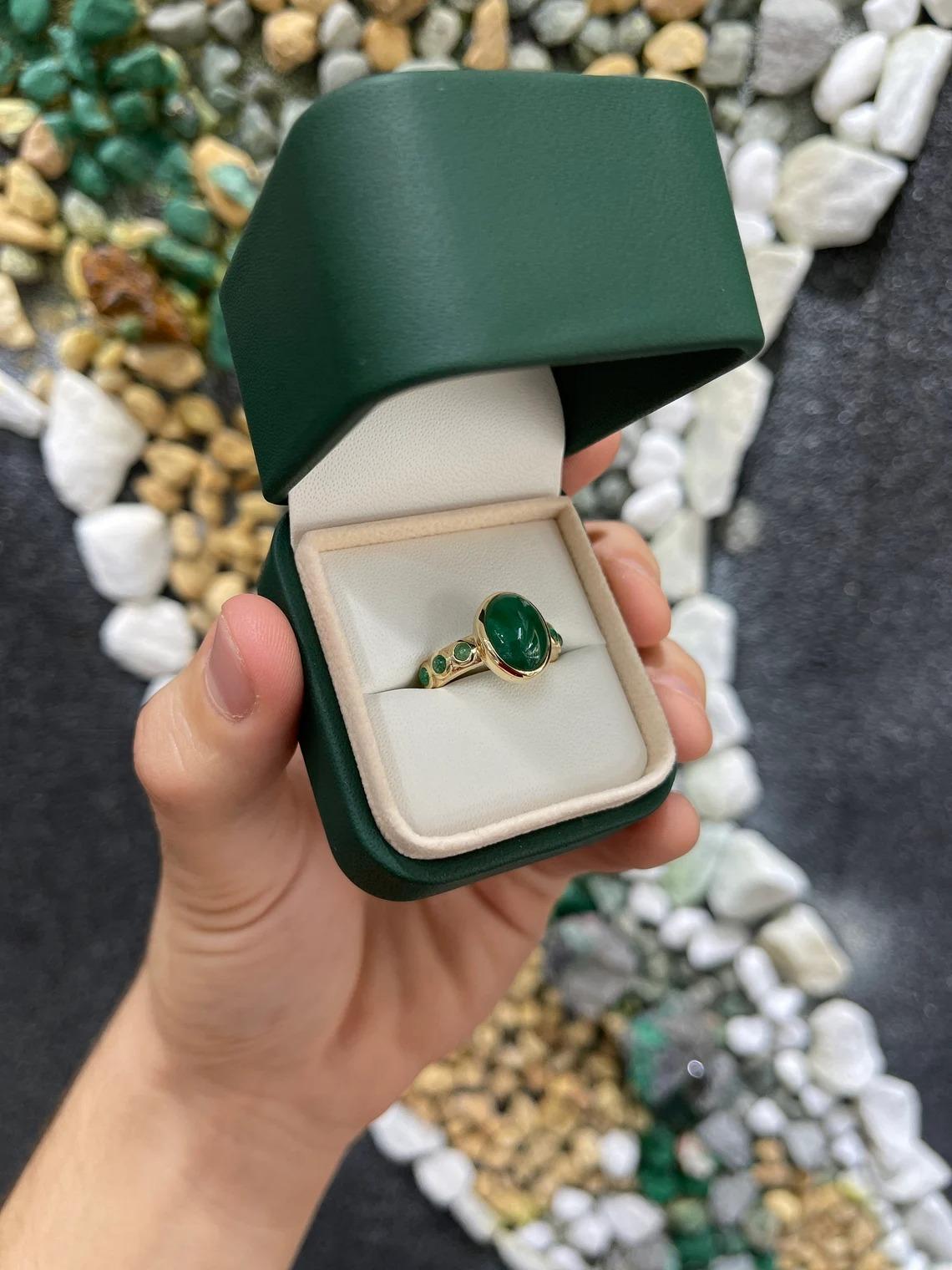 3.87tcw 14K Dark Green Natural Emerald Cabochon Multi-Gemstone Pinky Gold Ring In New Condition For Sale In Jupiter, FL