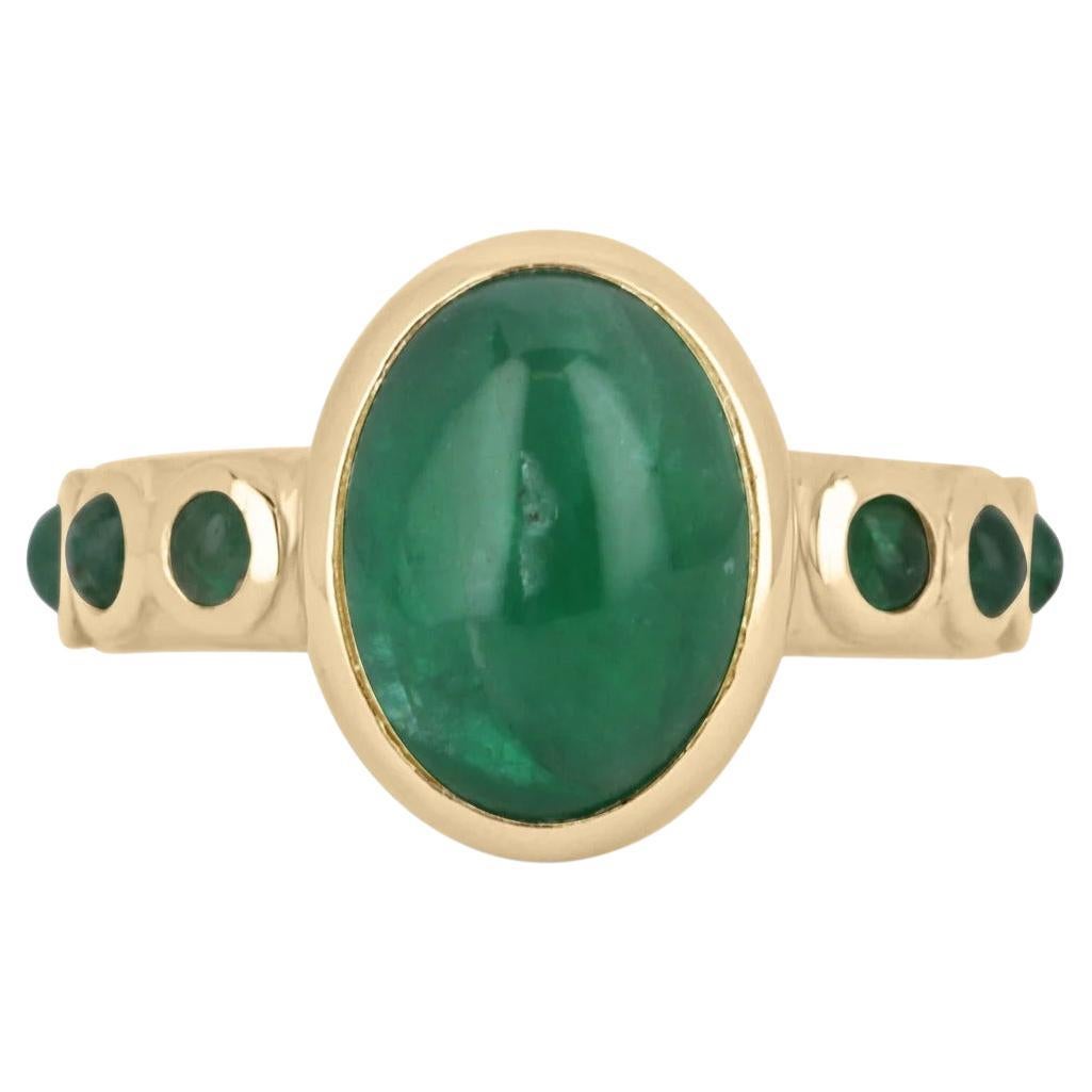 3.87tcw 14K Dark Green Natural Emerald Cabochon Multi-Gemstone Pinky Gold Ring