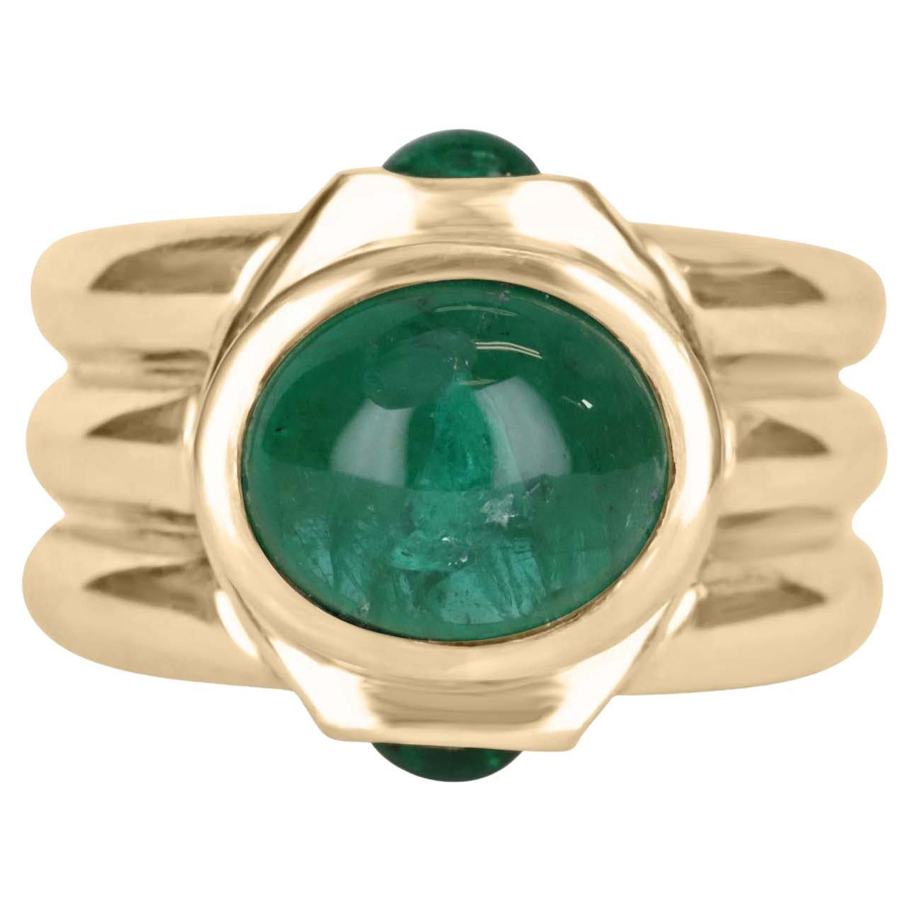 3.87tcw 14K Emerald Cabochon Three Stone Ring For Sale
