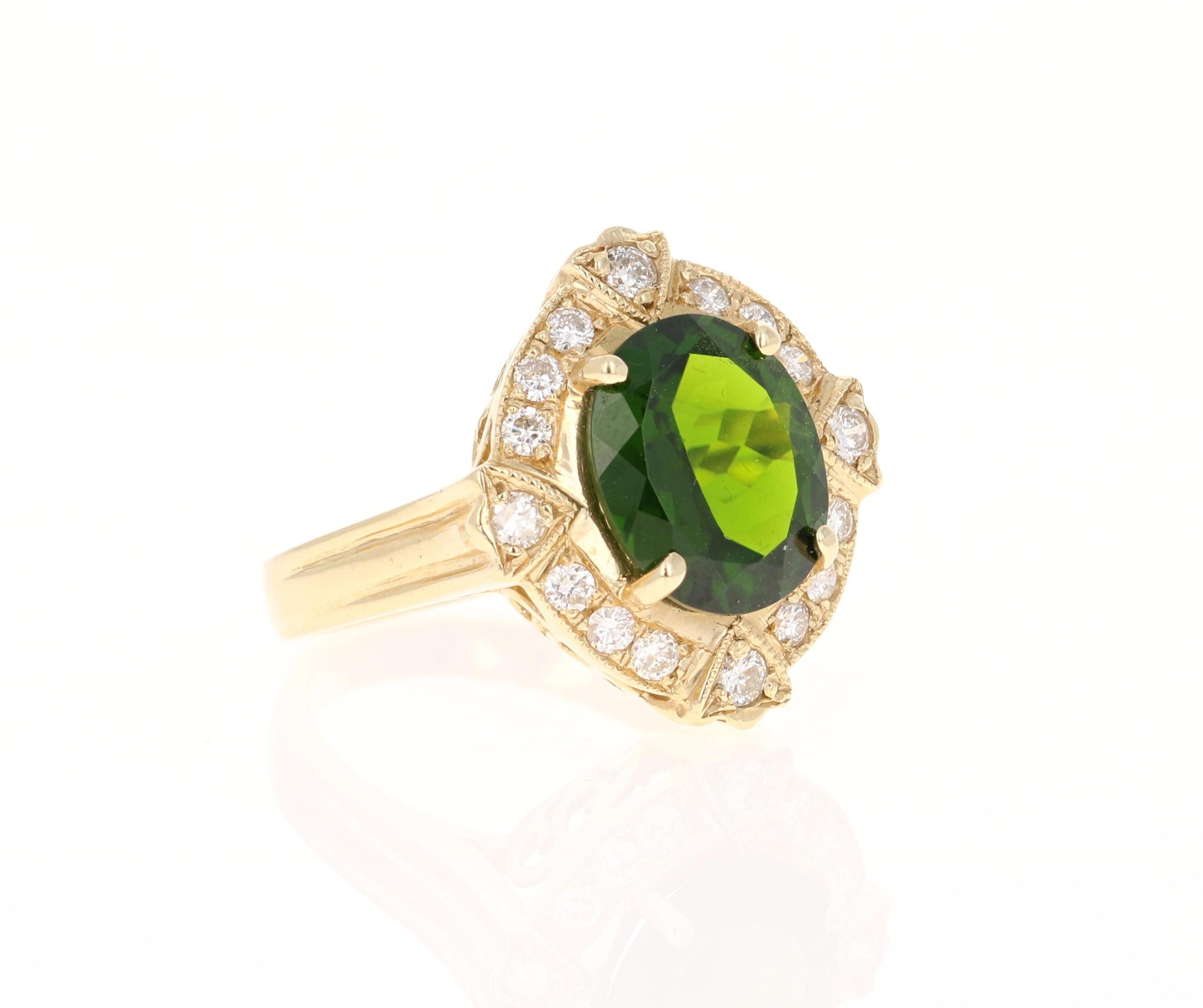 This ring has a Natural 3.44 Carat Oval Cut Chrome Diopside. Chrome Diopside comes from the family of Diopside and is mined most exclusively in Siberia and even some parts of Pakistan. It has a beautiful emerald green color and has less inclusions