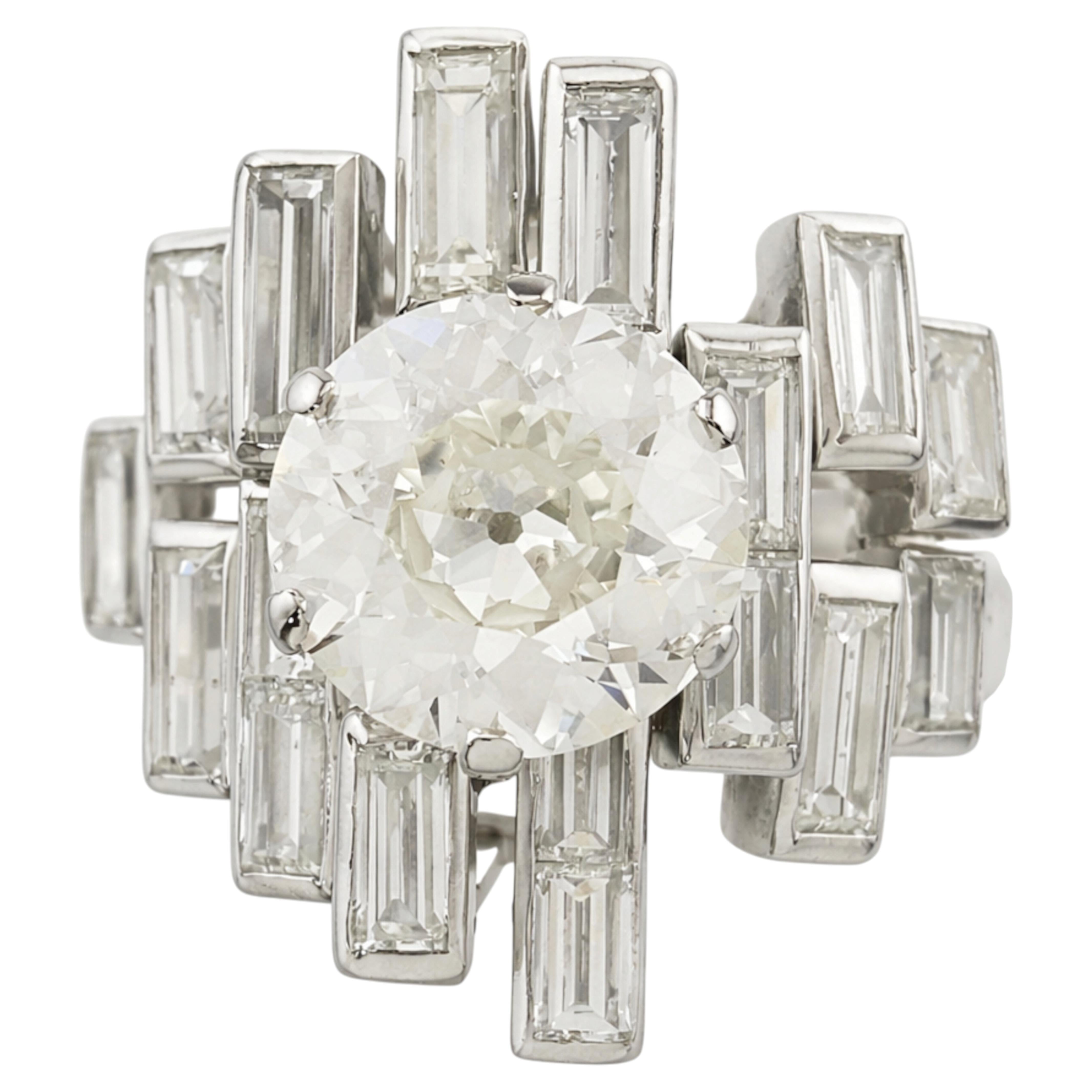 3.88 Carat Old European Cut Diamond Engagement Ring in 18K White Gold