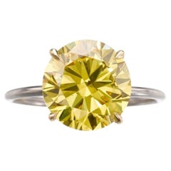 3.88 Carat Round Brilliant Statement Fancy Yellow 14K White Gold Diamond Ring
