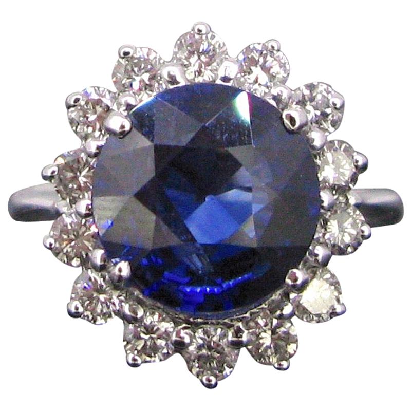 3.88 Carat Sapphire Diamond Cluster Ring, 18 Karat White Gold