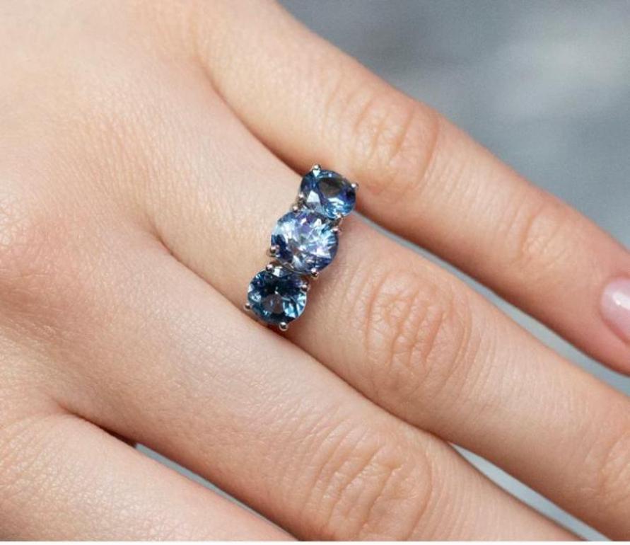 Round Cut 3.88 Carat Sapphire Three Stone Platinum Engagement Ring For Sale