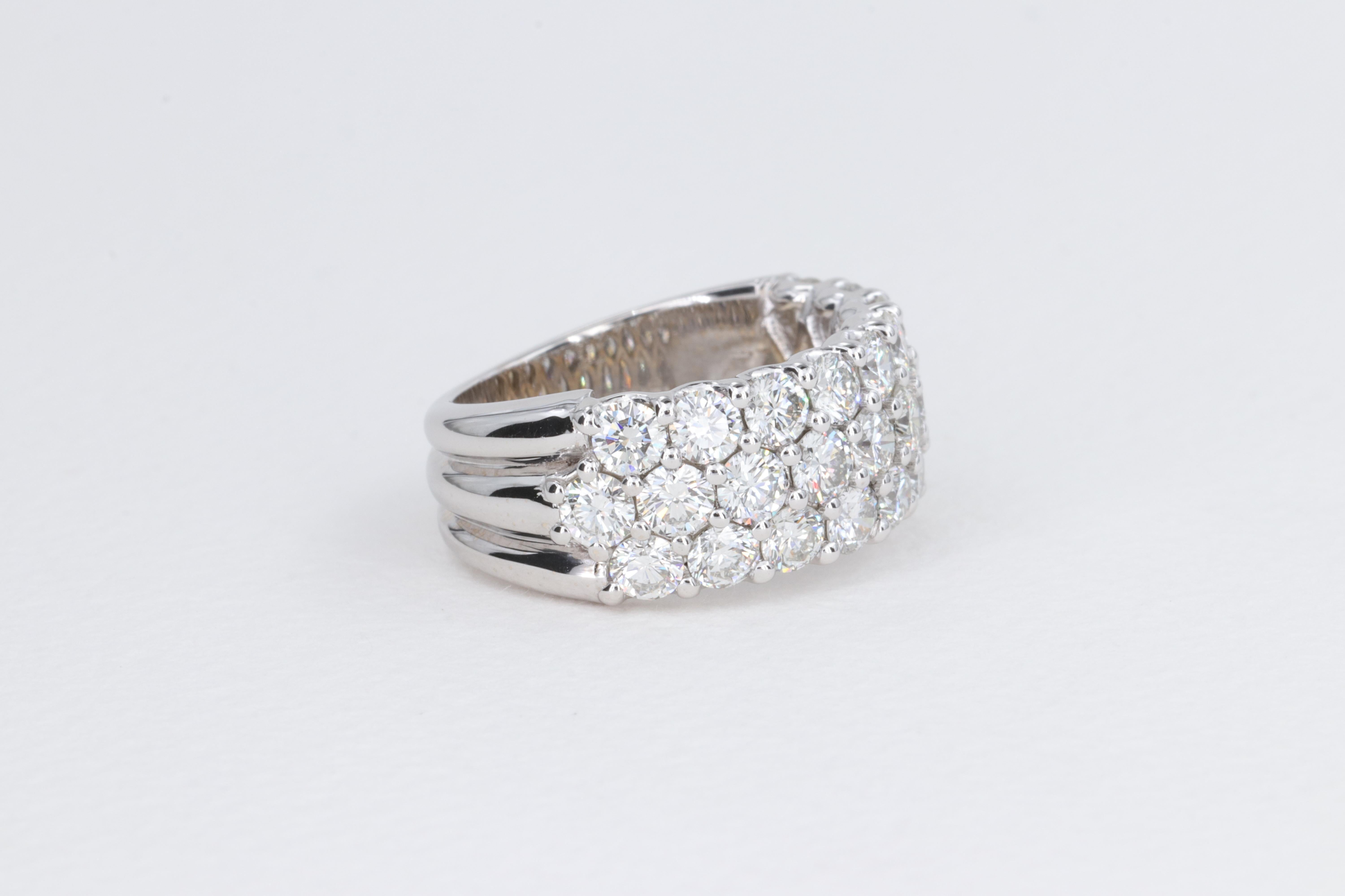 Women's 3.88 Carat Three Row Round Brilliant Cut Diamond Band in 18 Karat White Gold For Sale