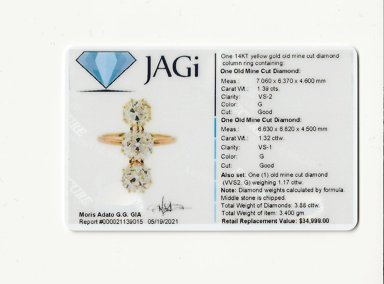 3.88 Carat Total Three-Stone Old Mine Cut Diamond Elongated 14 Karat Gold Ring For Sale 7