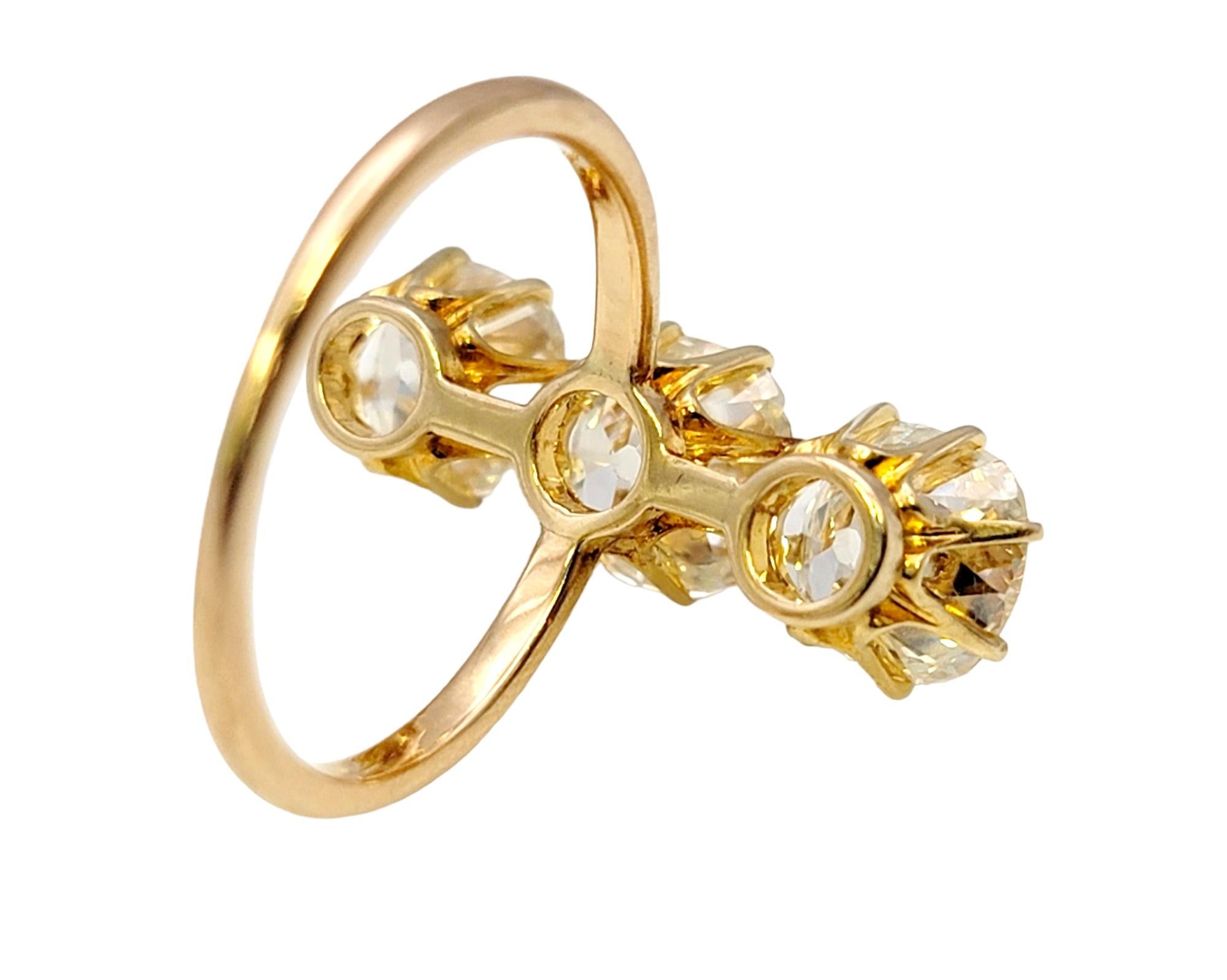 3.88 Carat Total Three-Stone Old Mine Cut Diamond Elongated 14 Karat Gold Ring In Good Condition For Sale In Scottsdale, AZ
