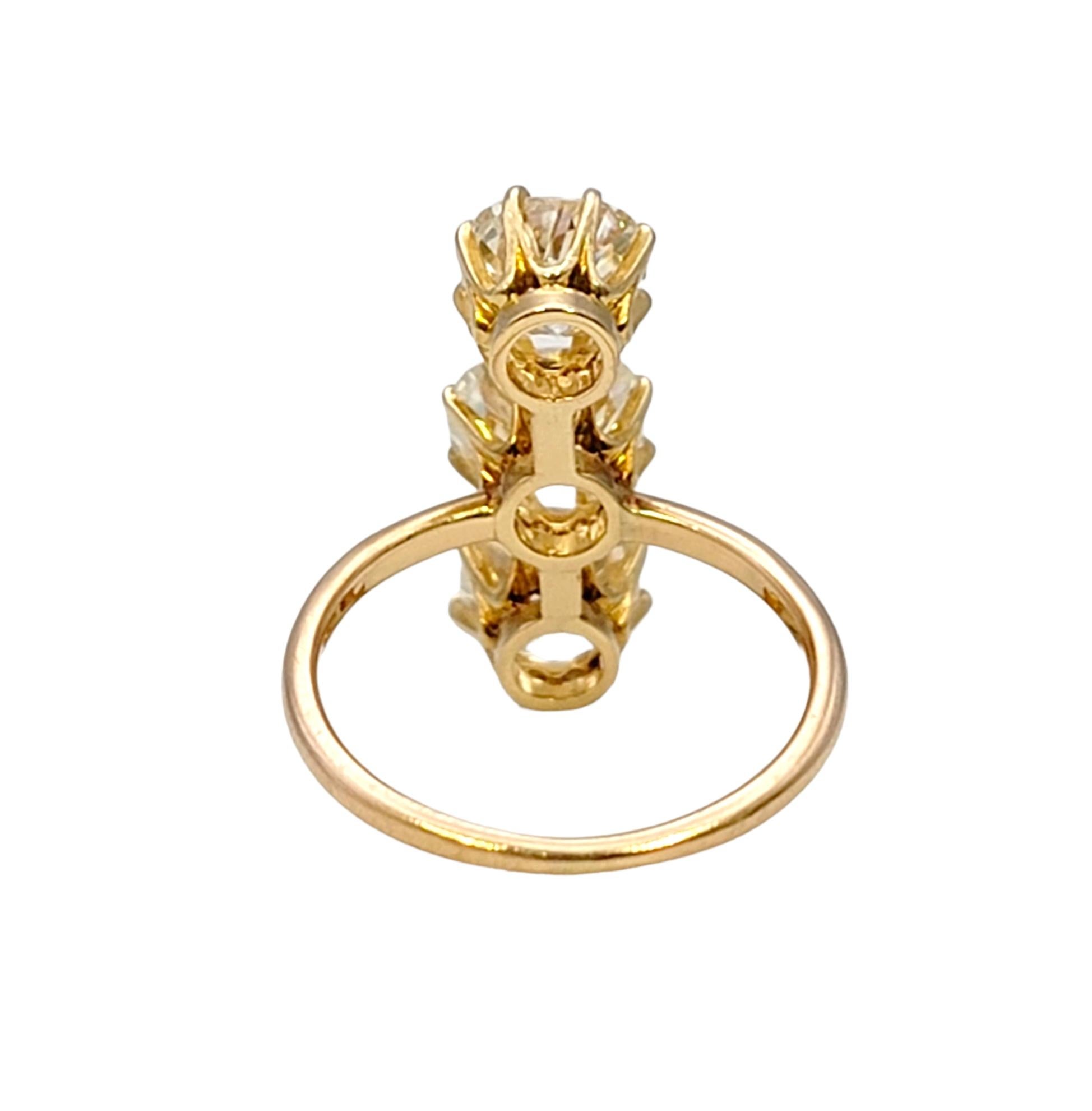 Women's 3.88 Carat Total Three-Stone Old Mine Cut Diamond Elongated 14 Karat Gold Ring For Sale