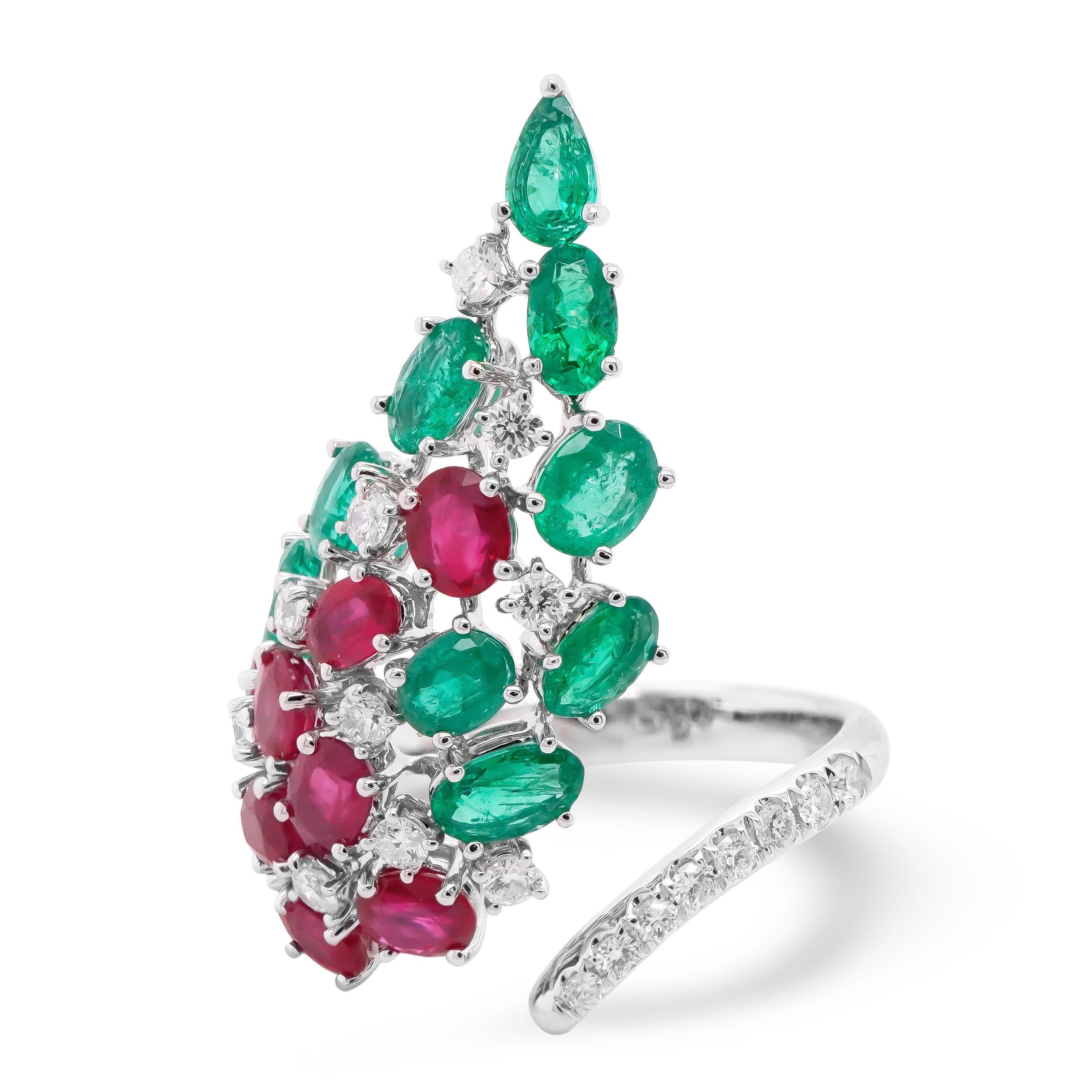 2.18 Carat of vivid red Burma Ruby, 1.70 carat of Colombian Emerald and 0.39 carat of white brilliant round diamond are set in this beautiful cocktail ring. The ring has been hand made in Hong Kong and set in 18K Gold