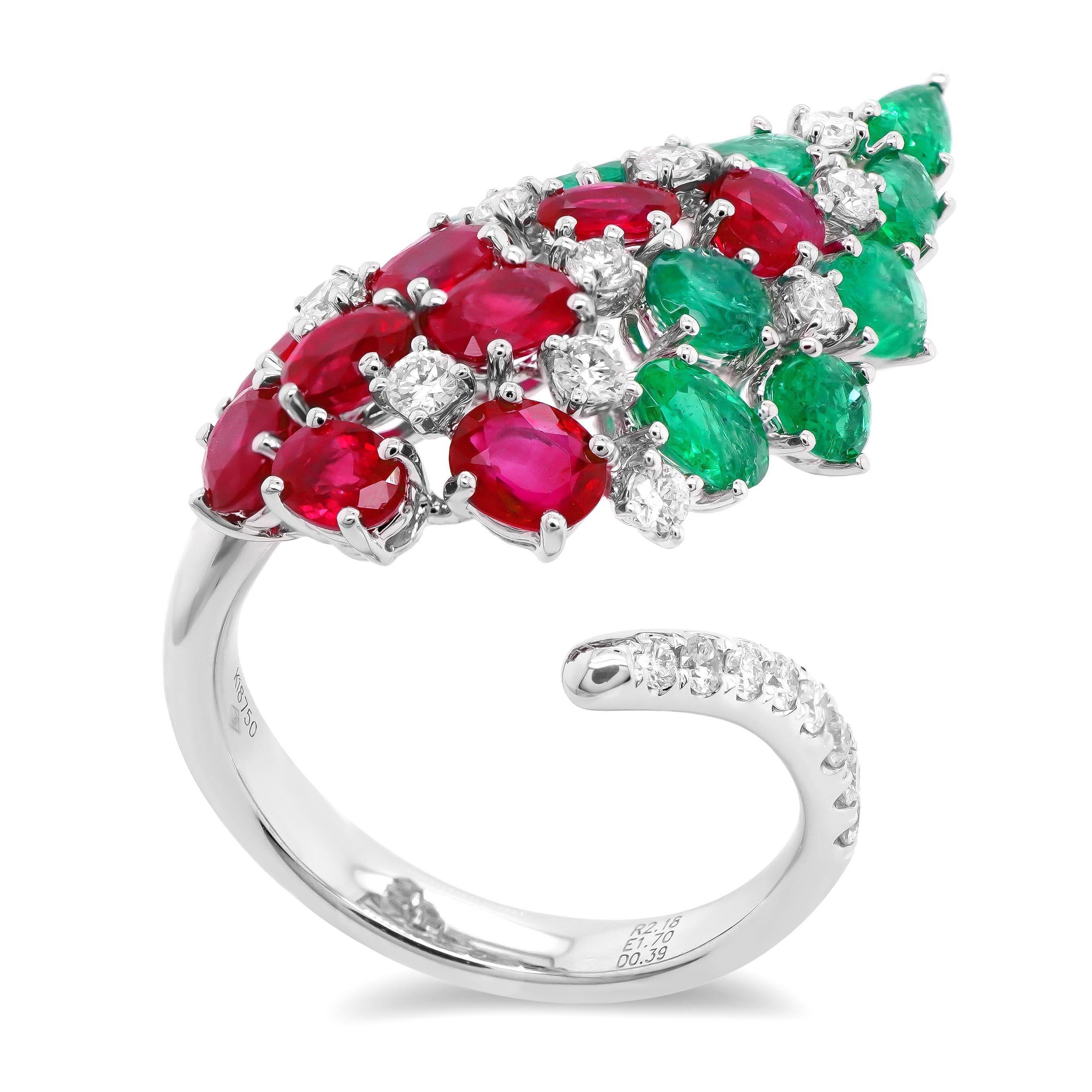 Art Nouveau 3.88 Carat Vivid Red Burma Ruby Colombian Emerald Christmas Color Cocktail Ring For Sale