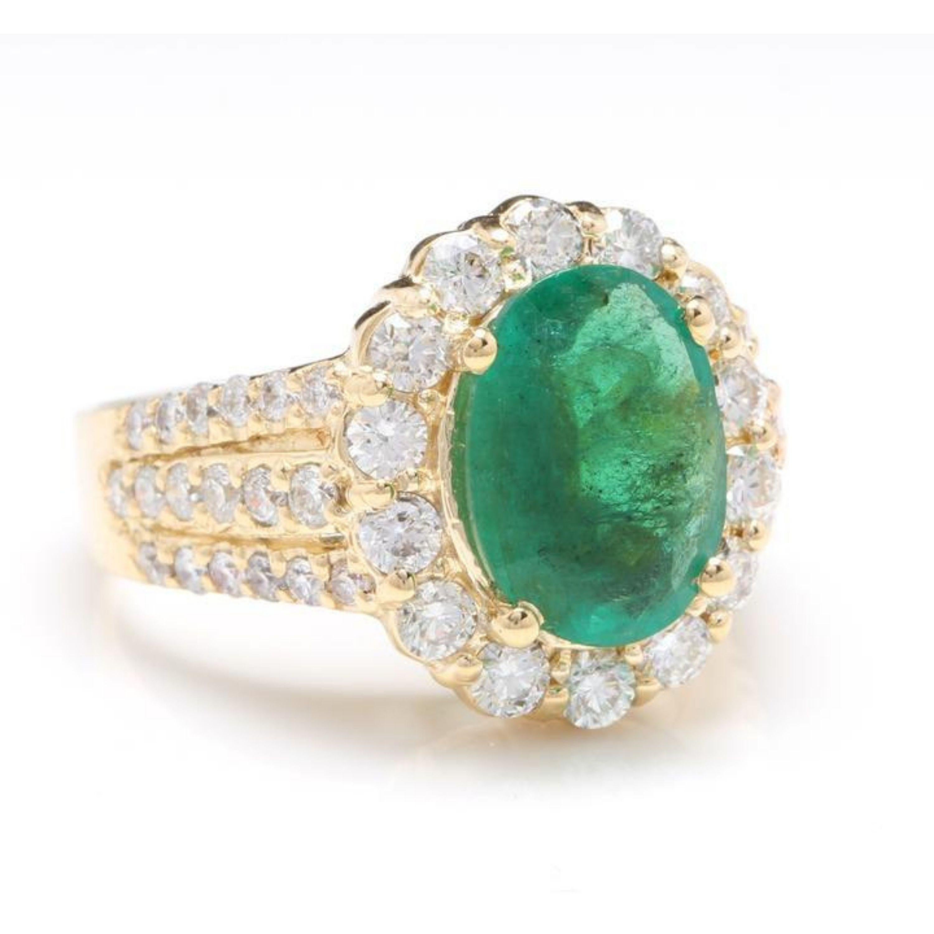 3.88 Carats Natural Emerald and Diamond 14K Solid Yellow Gold Ring

Total Natural Oval Cut Emerald Weight is: Approx. 2.38 Carats (transparent )

Emerald Measures: Approx. 10.00 x 8.00mm

Natural Round Diamonds Weight: Approx. 1.50 Carats (color G-H