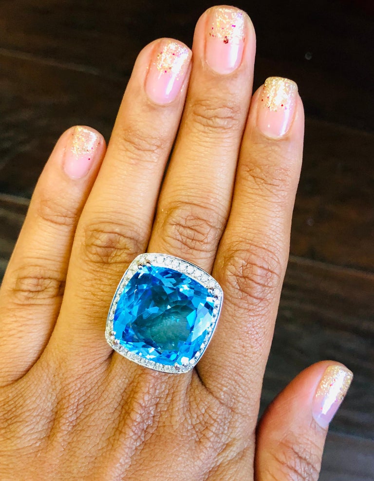 38.82 Carat Blue Topaz Diamond 14 Karat White Gold Cocktail Ring In New Condition For Sale In Los Angeles, CA