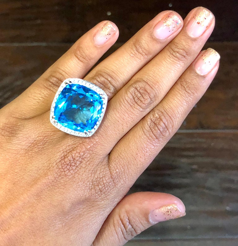 Women's 38.82 Carat Blue Topaz Diamond 14 Karat White Gold Cocktail Ring For Sale