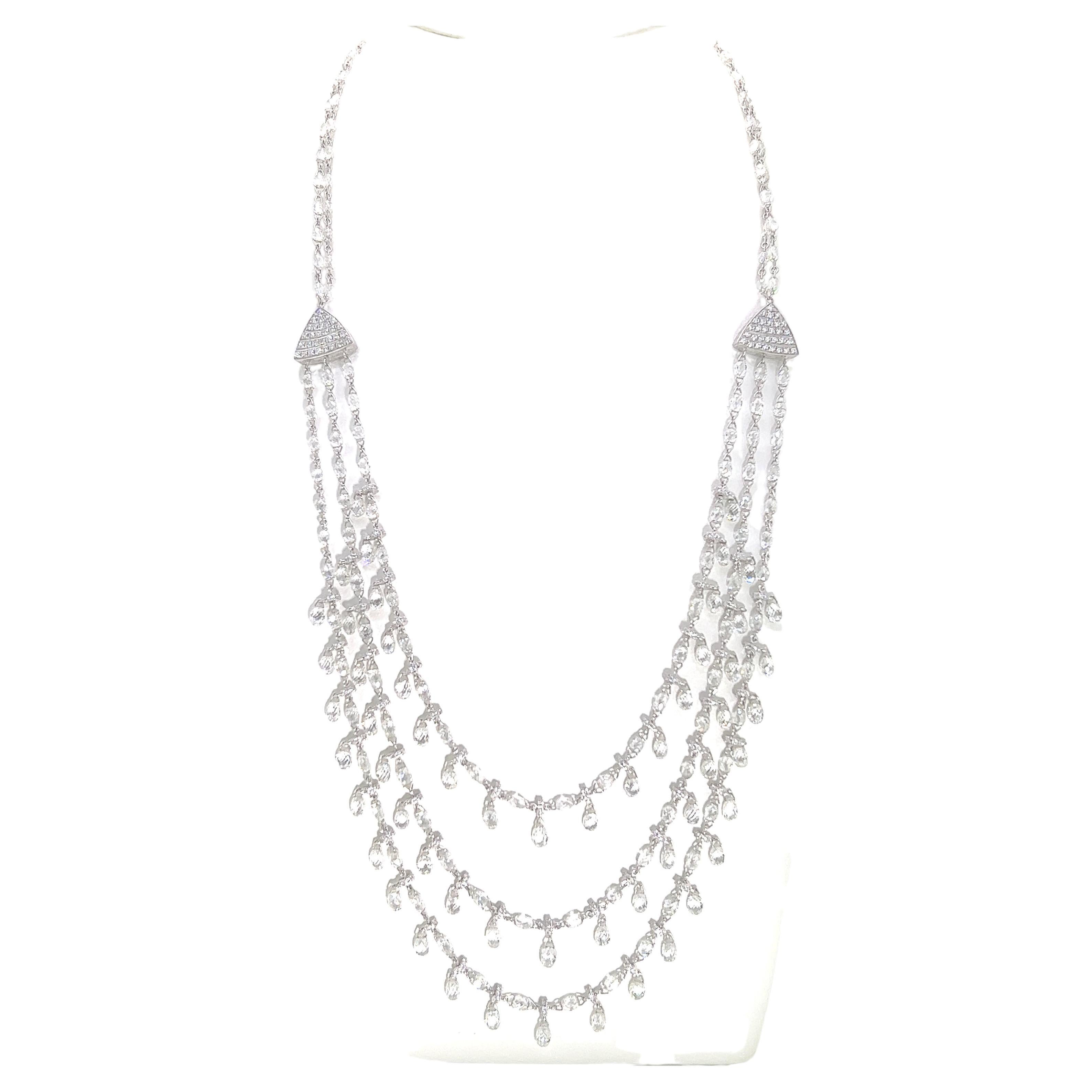 38.89 Carat Vintage Briolette Cut Diamond Necklace Set on 18K White Gold For Sale