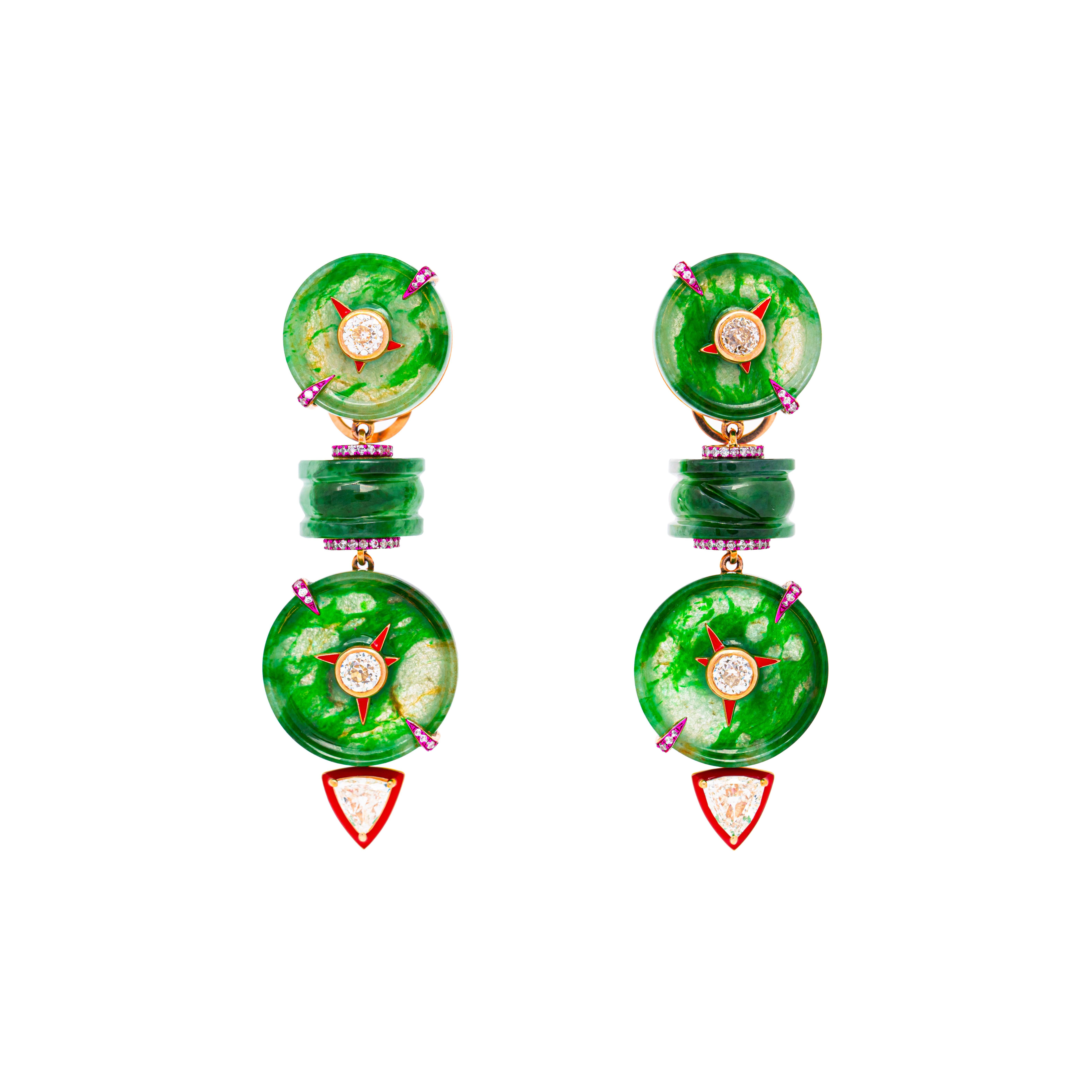 Modern Natural Burmese Green Jade & Diamond Earrings, 18K Gold, Austy Lee For Sale