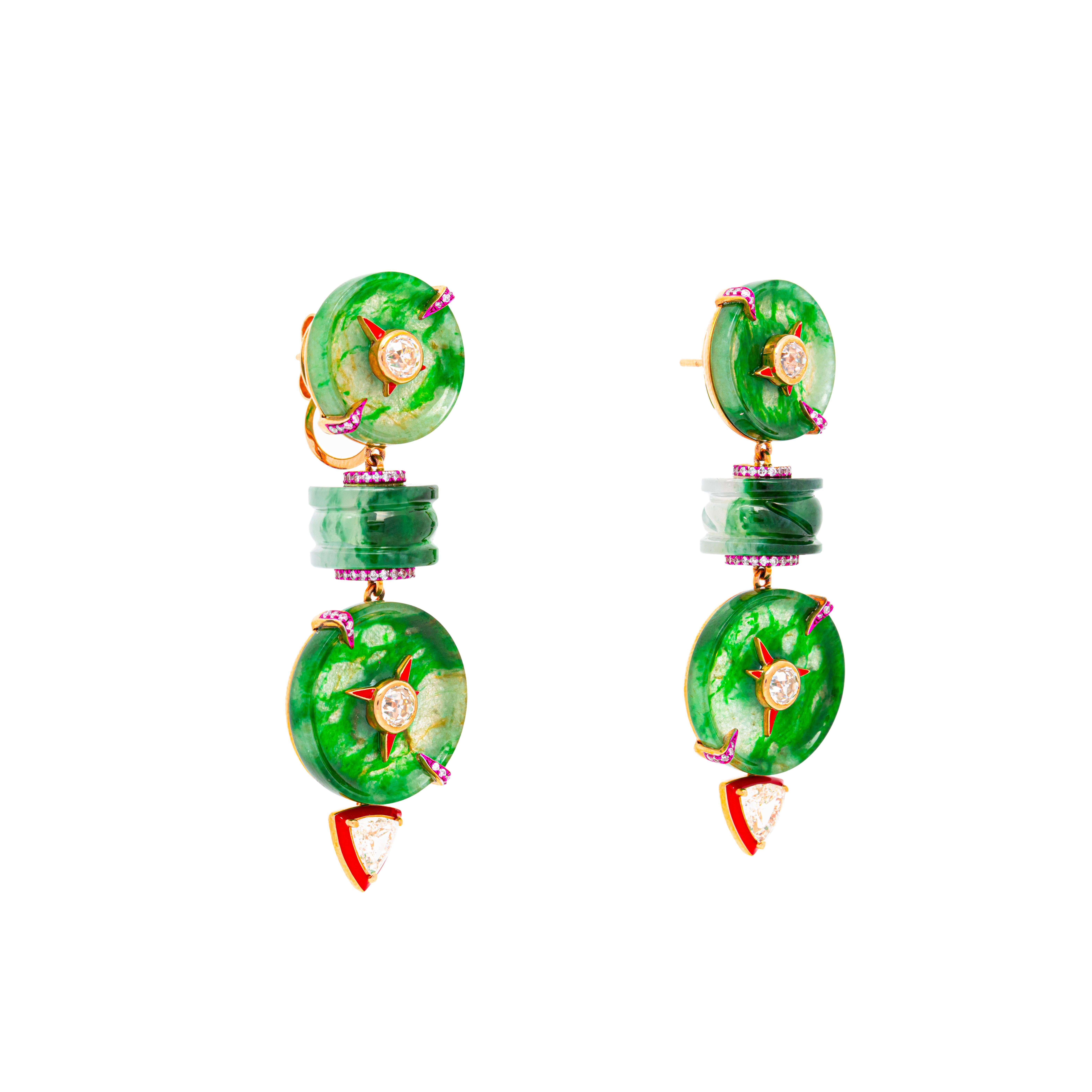 Women's or Men's Natural Burmese Green Jade & Diamond Earrings, 18K Gold, Austy Lee For Sale