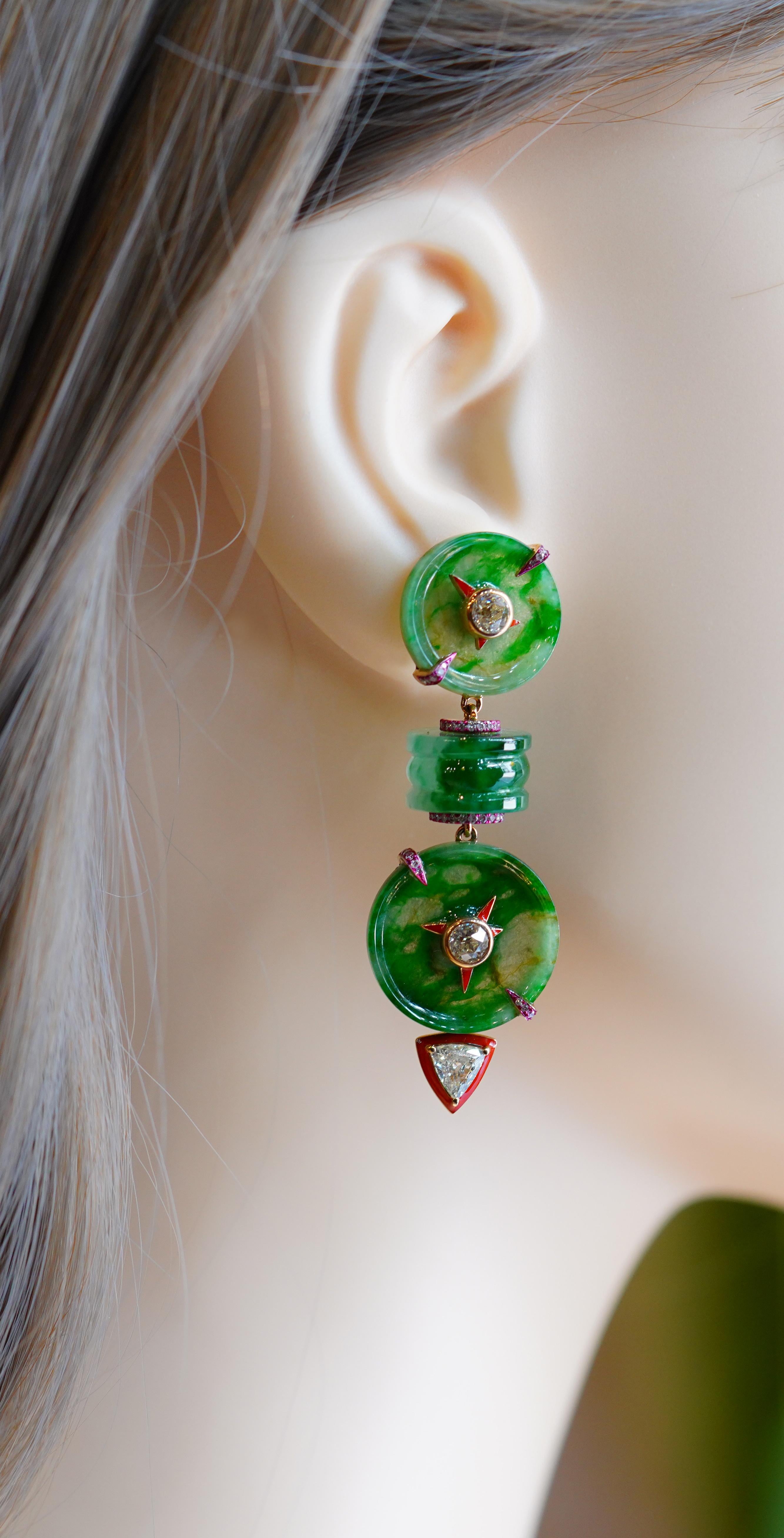 Natural Burmese Green Jade & Diamond Earrings, 18K Gold, Austy Lee For Sale 1