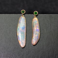 3.88ct Australian Solid Opal Tsavorite Drop Earrings 14K Yellow Gold