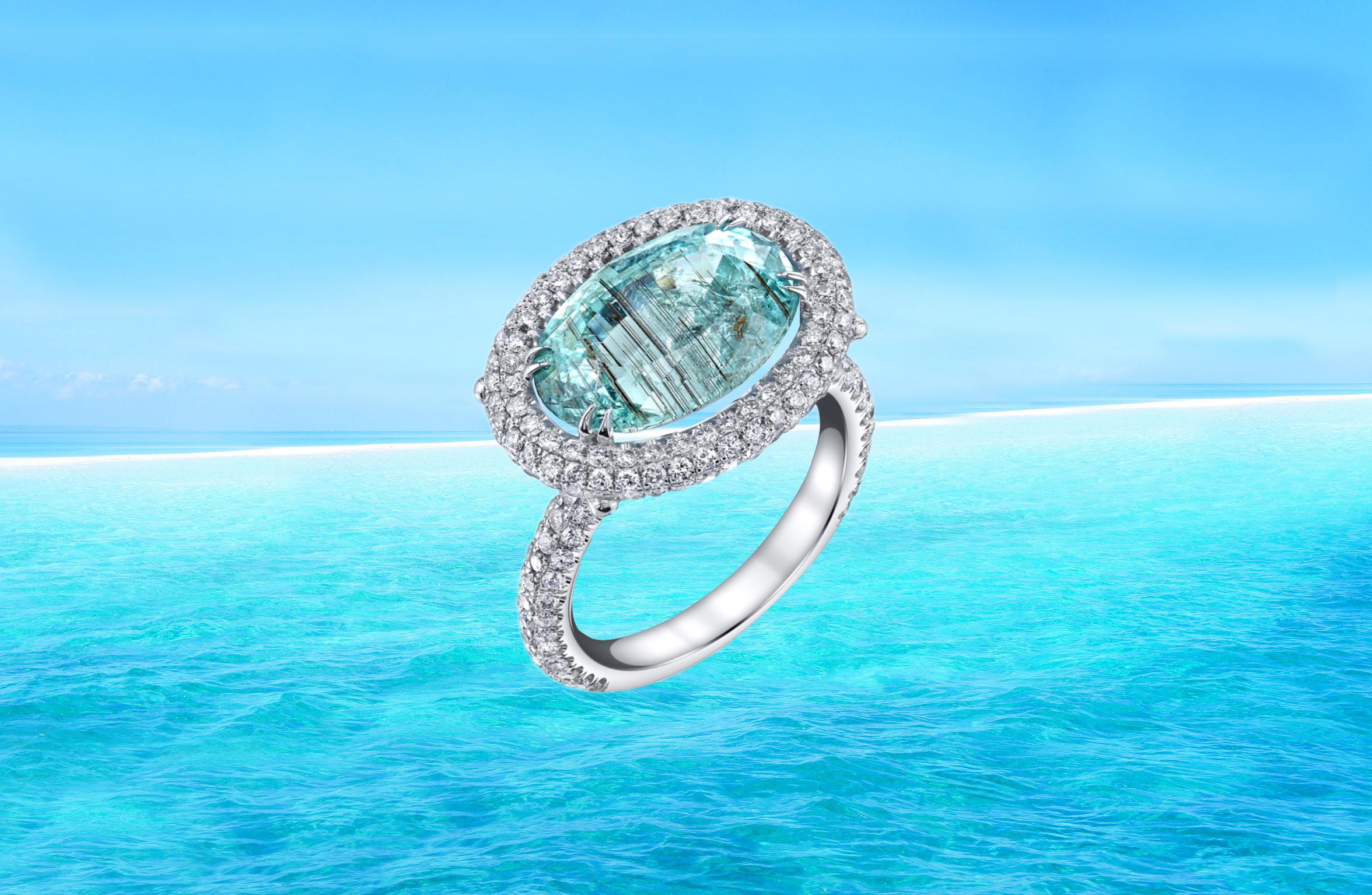 Modern 3.88ct Paraiba Tourmaline Ring Set in Platinum and Accented with Diamonds For Sale