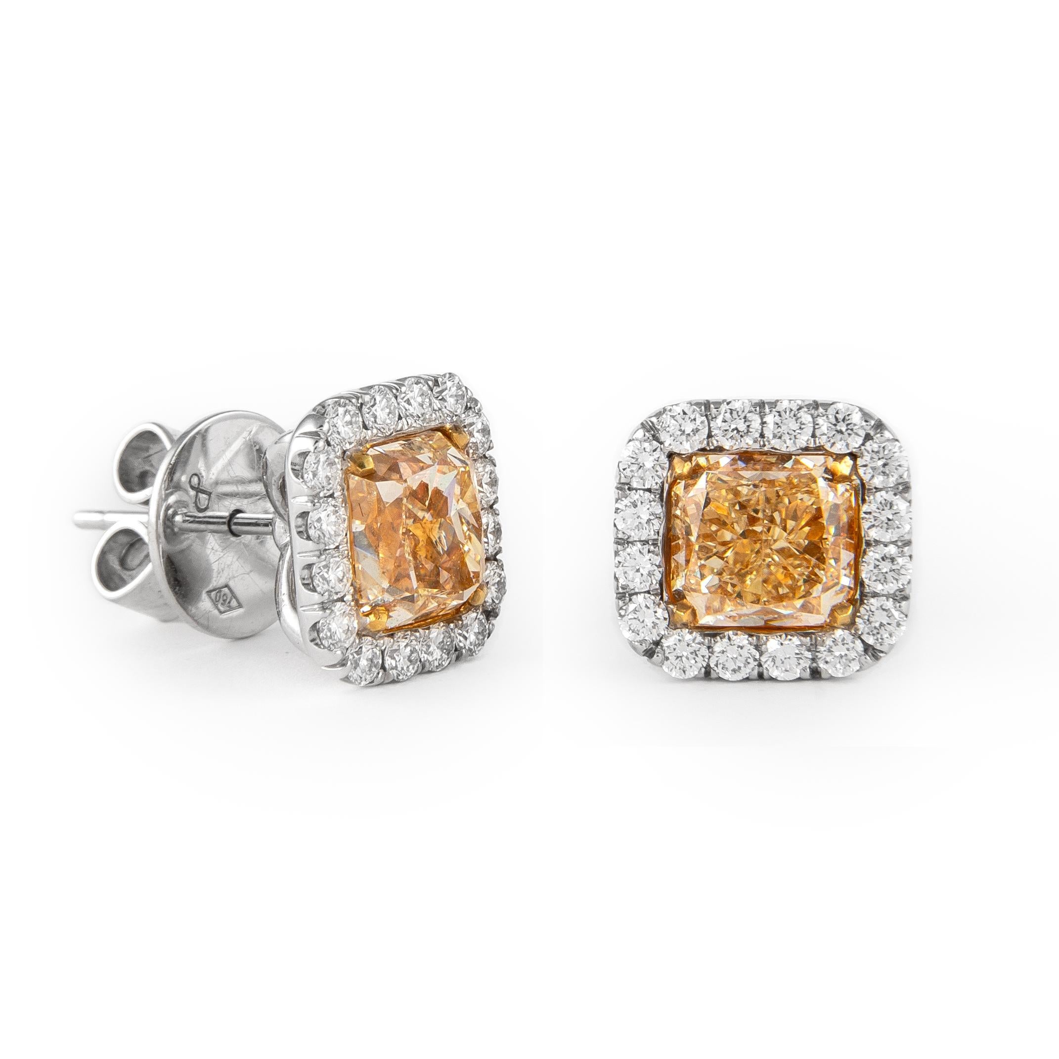 Stunning yellow diamond stud earrings with diamond halo. High jewelry by Alexander Beverly Hills.  
4.55 carats total diamond weight.
2 radiant cut diamonds, 3.88 carats. Approximately Fancy Yellow color and SI1 clarity. Complimented by 32 round