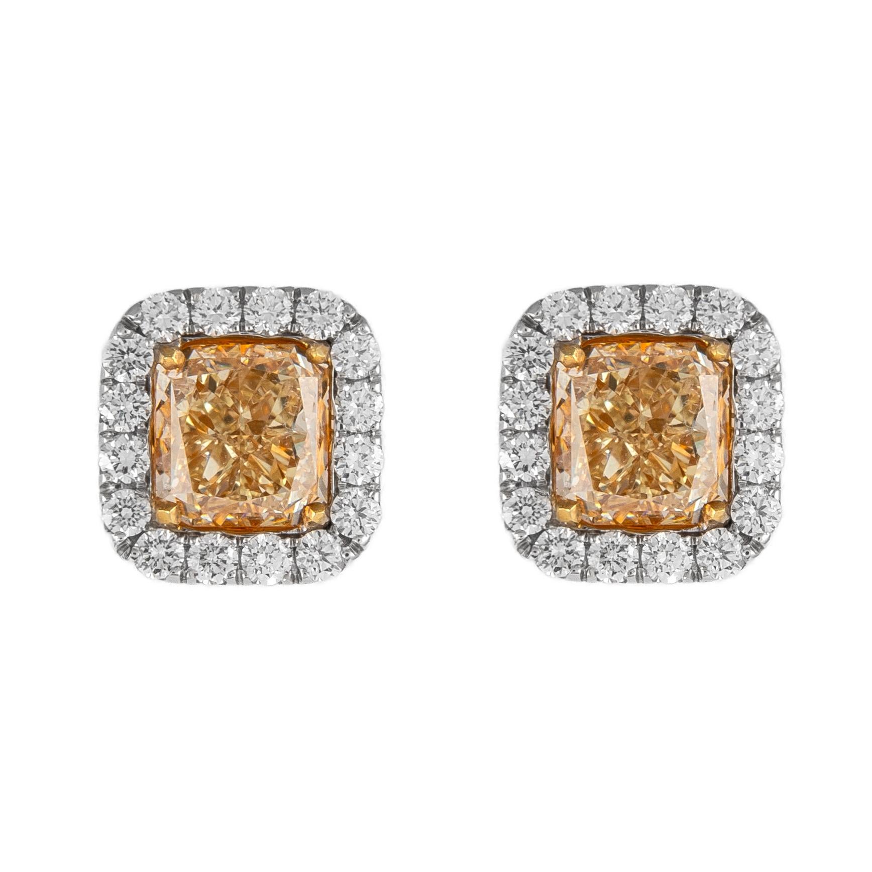 Contemporary 3.88ct Fancy Yellow Diamond Stud Earrings with Halo 18k For Sale