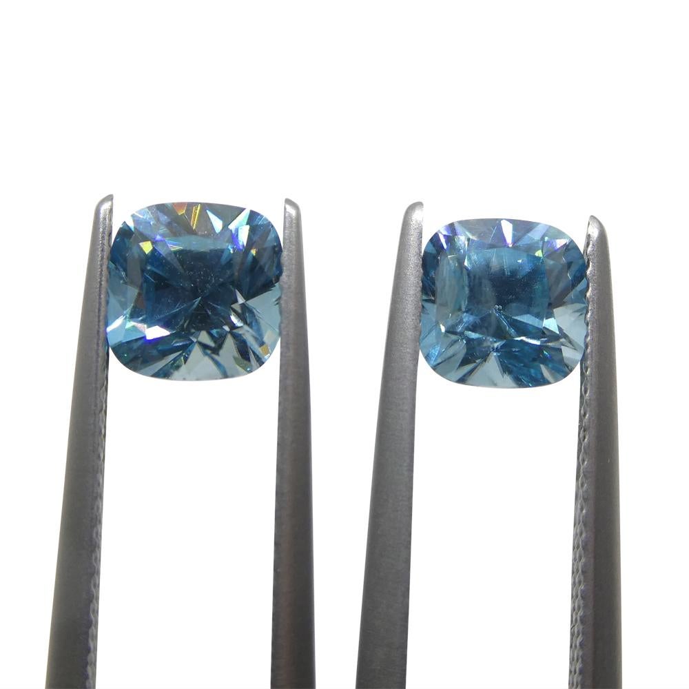Brilliant Cut 3.88ct Pair Square Cushion Diamond Cut Blue Zircon from Cambodia For Sale