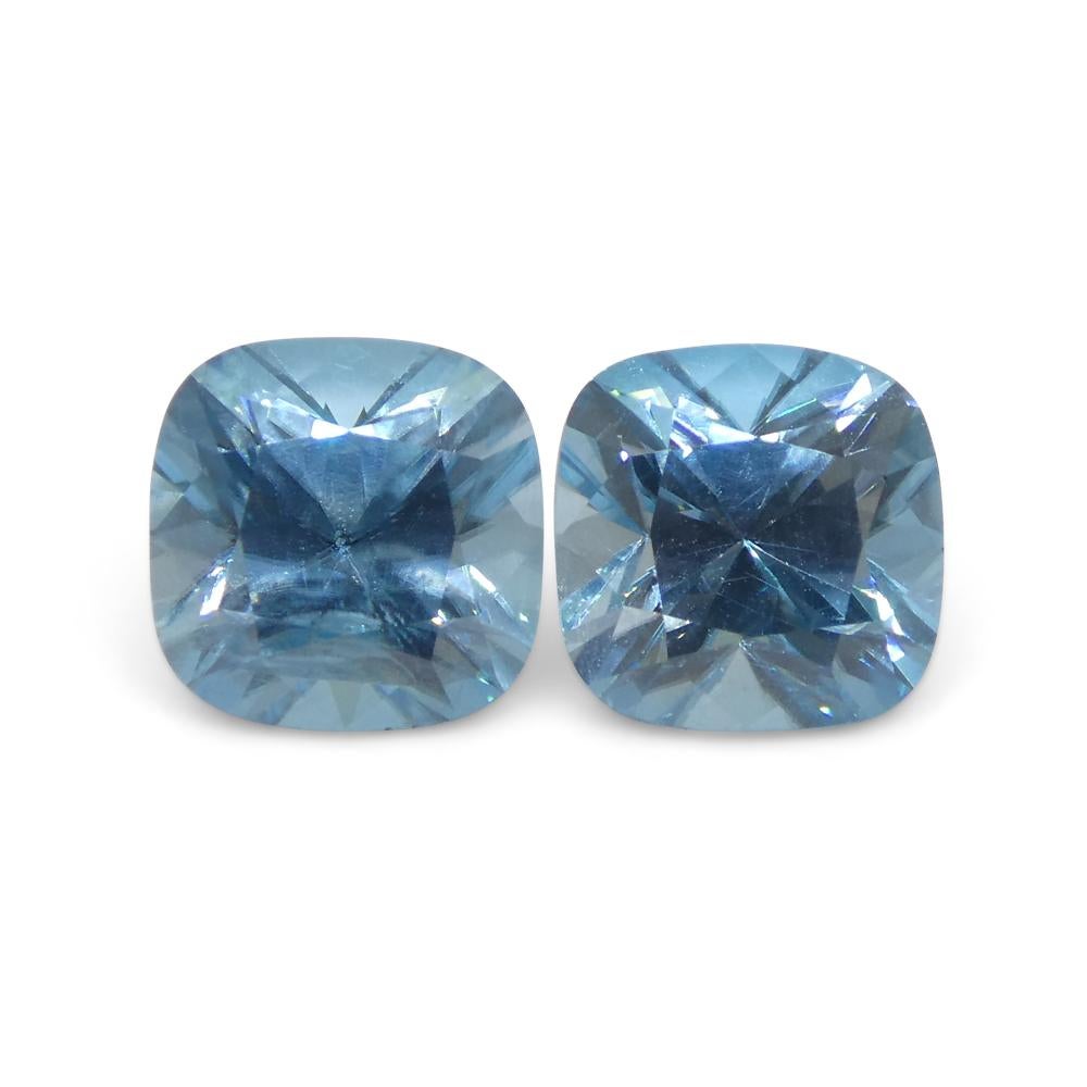 3.88ct Pair Square Cushion Diamond Cut Blue Zircon from Cambodia For Sale 1