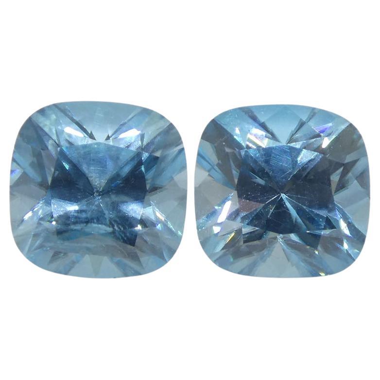 3.88ct Pair Square Cushion Diamond Cut Blue Zircon from Cambodia For Sale