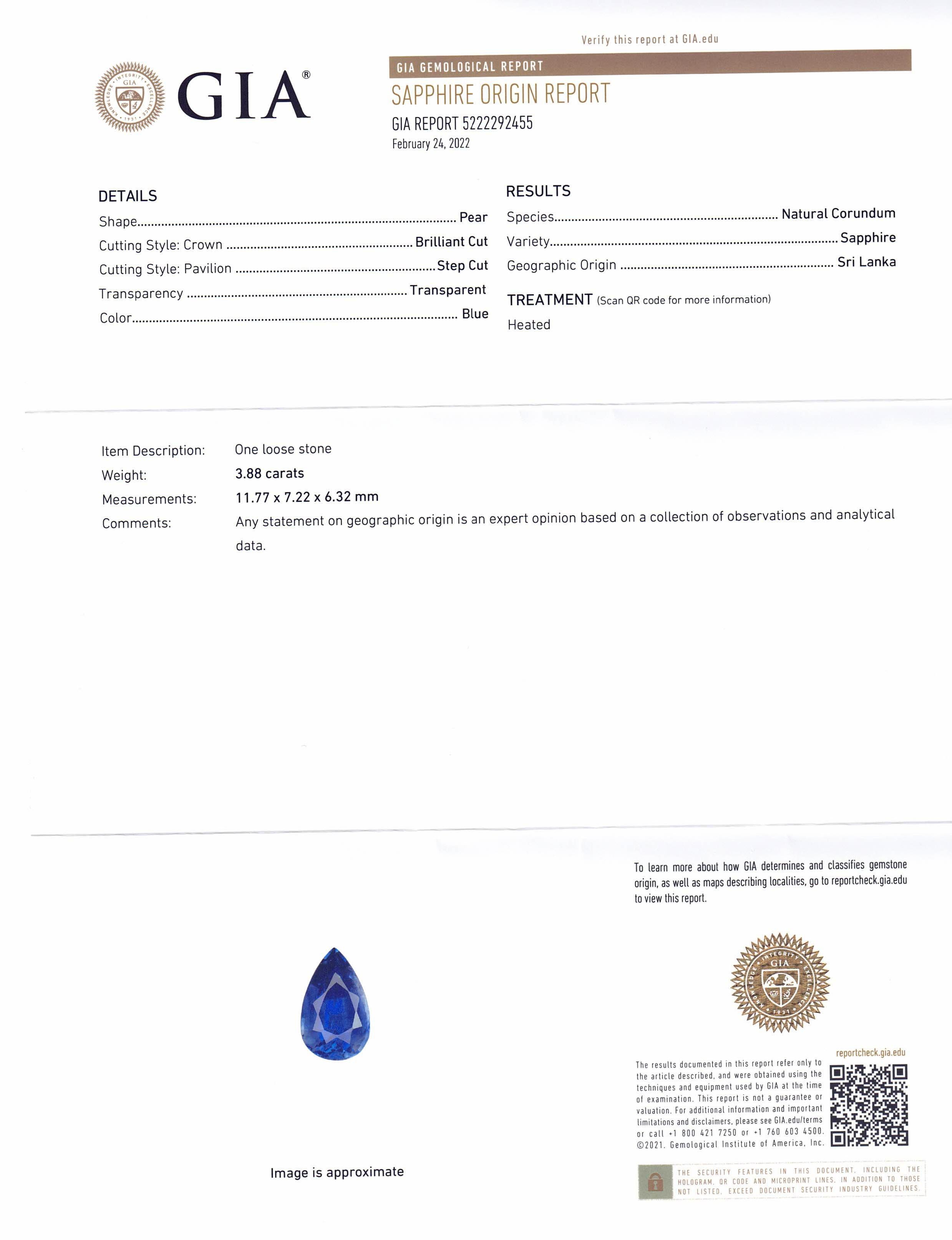 Pear Cut 3.88ct Pear Royal Blue Sapphire GIA Certified Sri Lanka For Sale