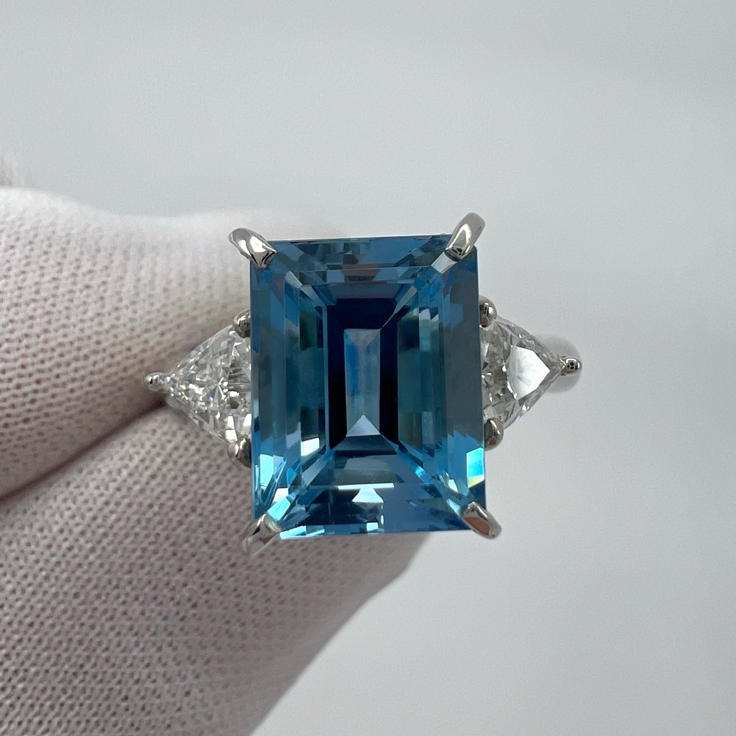3.88ct Santa Maria Blue Emerald Cut Aquamarine Diamond Platinum Three Stone Ring For Sale 7