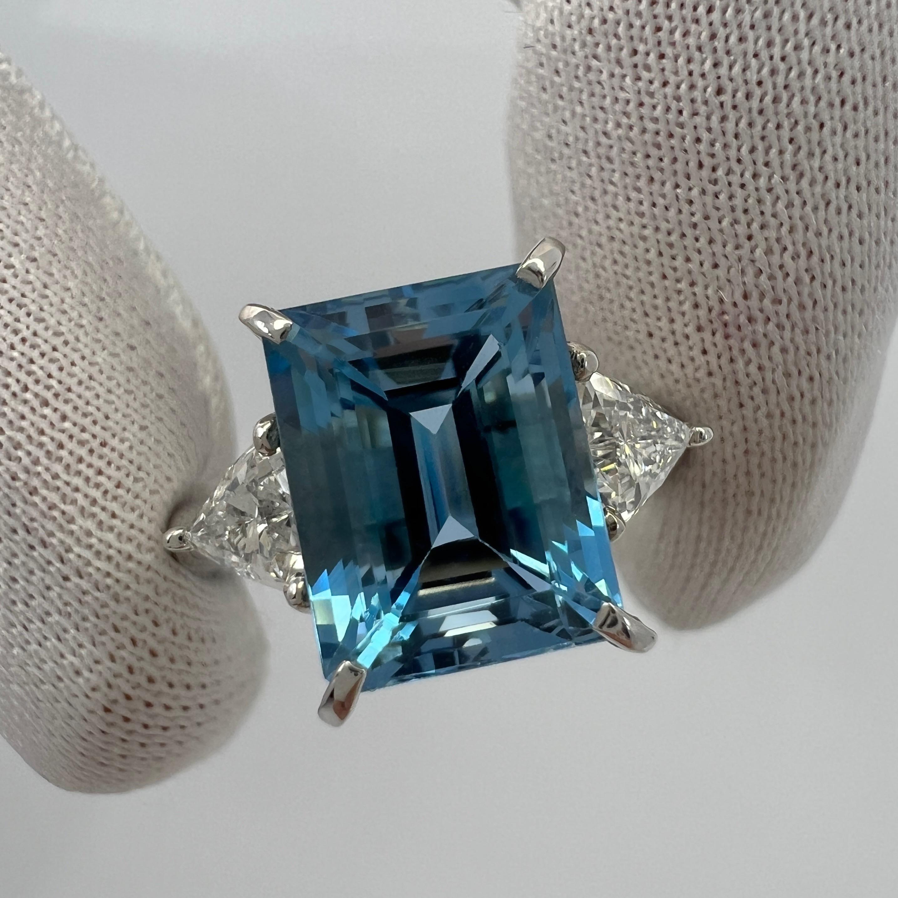 Women's or Men's 3.88ct Santa Maria Blue Emerald Cut Aquamarine Diamond Platinum Three Stone Ring